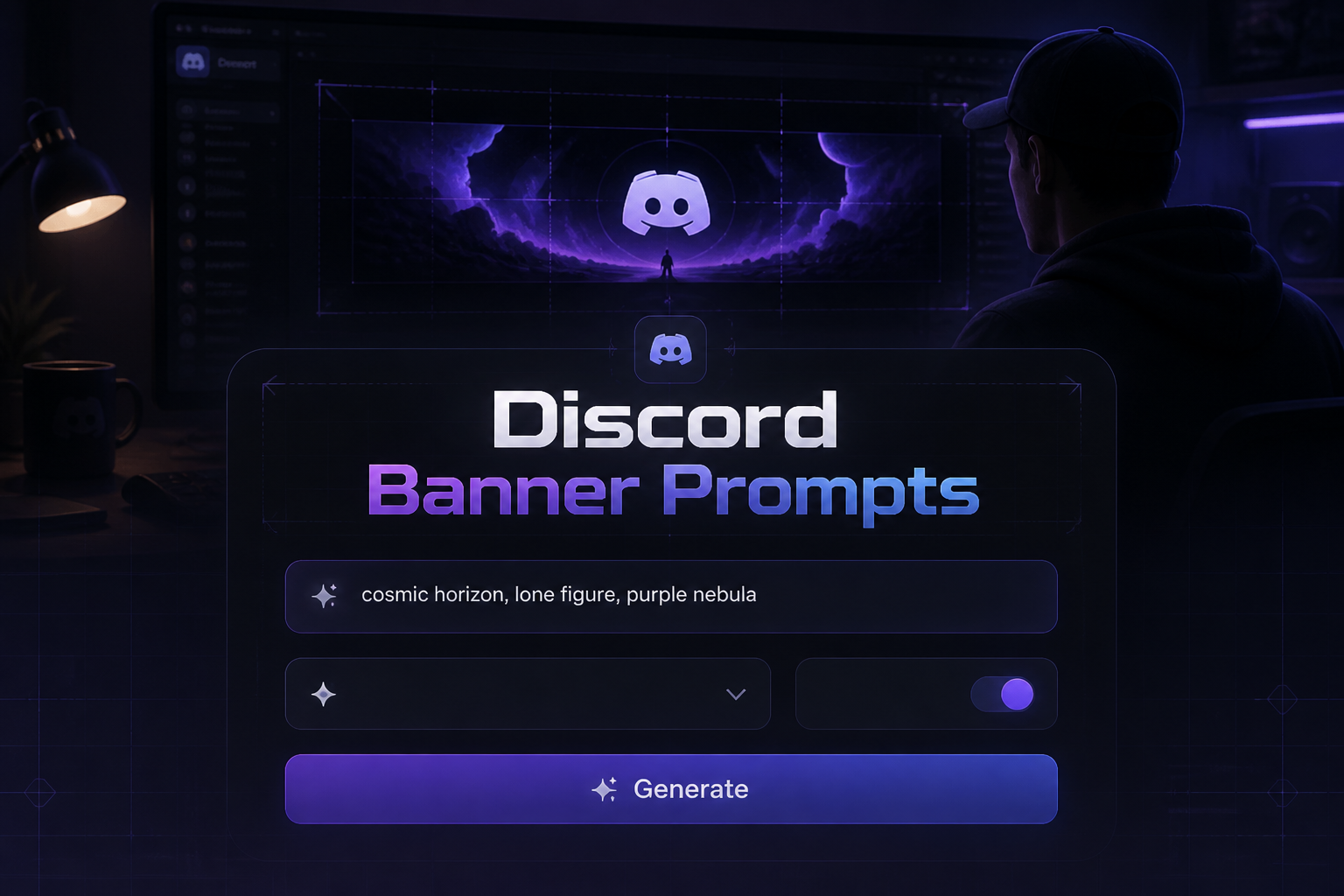 Centered hero graphic for Discord Banner Prompts showing a sleek UI panel with a prompt field, dropdown, toggle switch, and Generate button, set over a dark creator workspace with subtle grid lines and banner prompt generation cues.