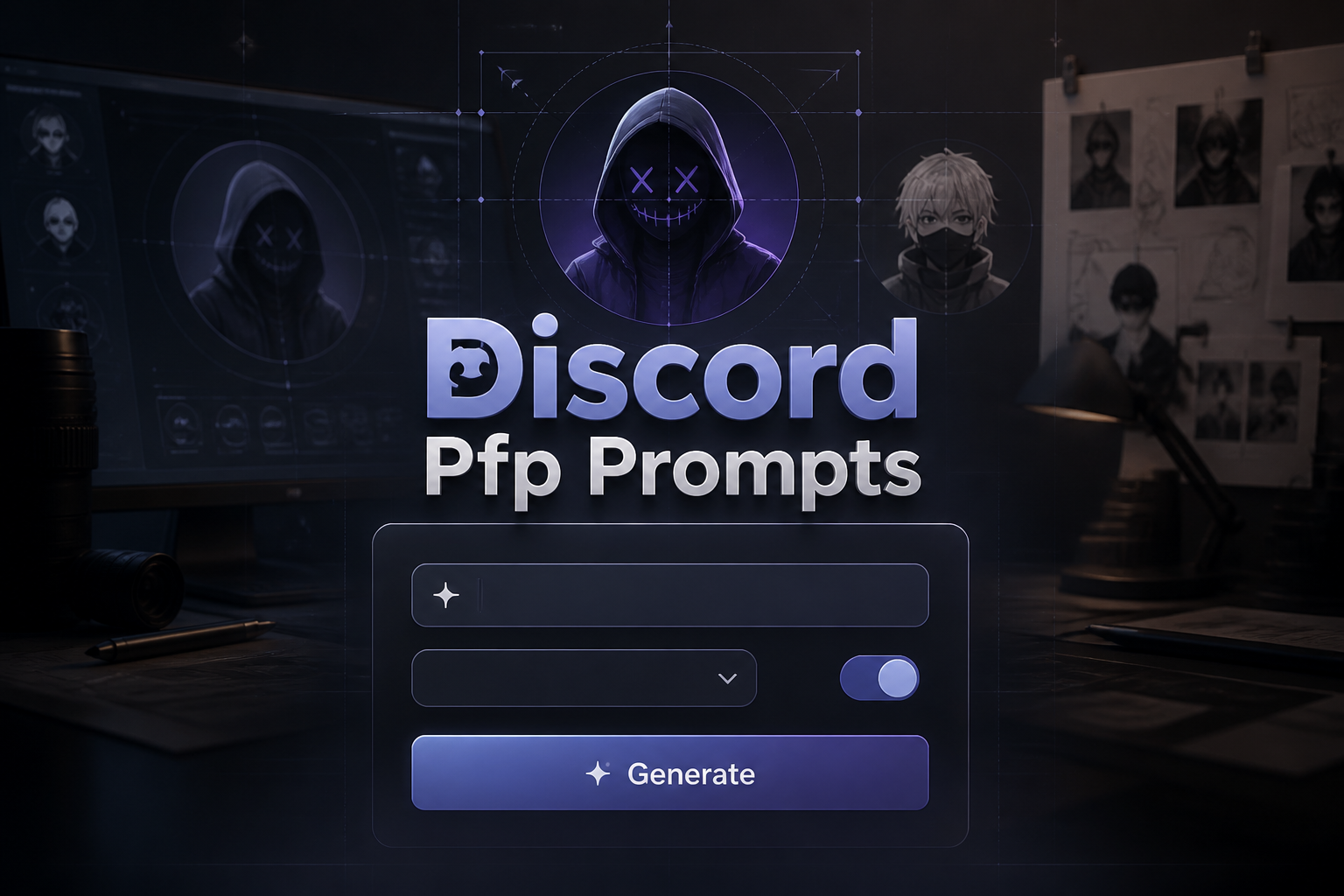 Centered hero graphic for Discord Pfp Prompts with a soft-shadow title, a sleek prompt input, dropdown, toggle, and Generate button, set over a refined avatar-making UI for Discord profile picture prompt ideas and Discord PFP prompt generator use.