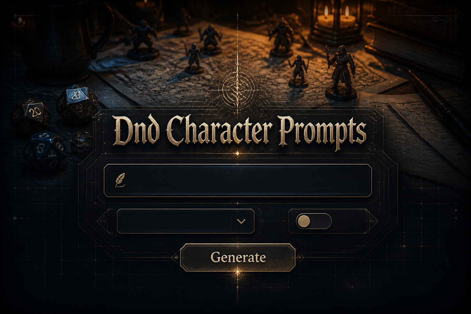 Centered on a sleek fantasy UI panel, the image shows the title Dnd Character Prompts, a character prompt input, class or race dropdown, tone toggle, and Generate button over a tabletop RPG scene with dice, parchment, miniatures, and a map, ideal for Dnd character prompt generator ideas.