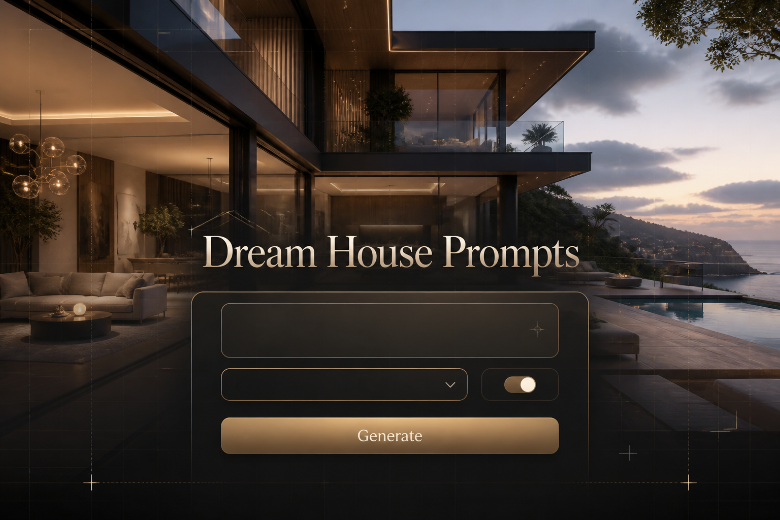 Dream House Prompts hero image with elegant centered UI panel, prompt input, home style dropdown, mood toggle and Generate button over a luxury modern house interior-exterior scene, ideal for dream house prompt generator inspiration.