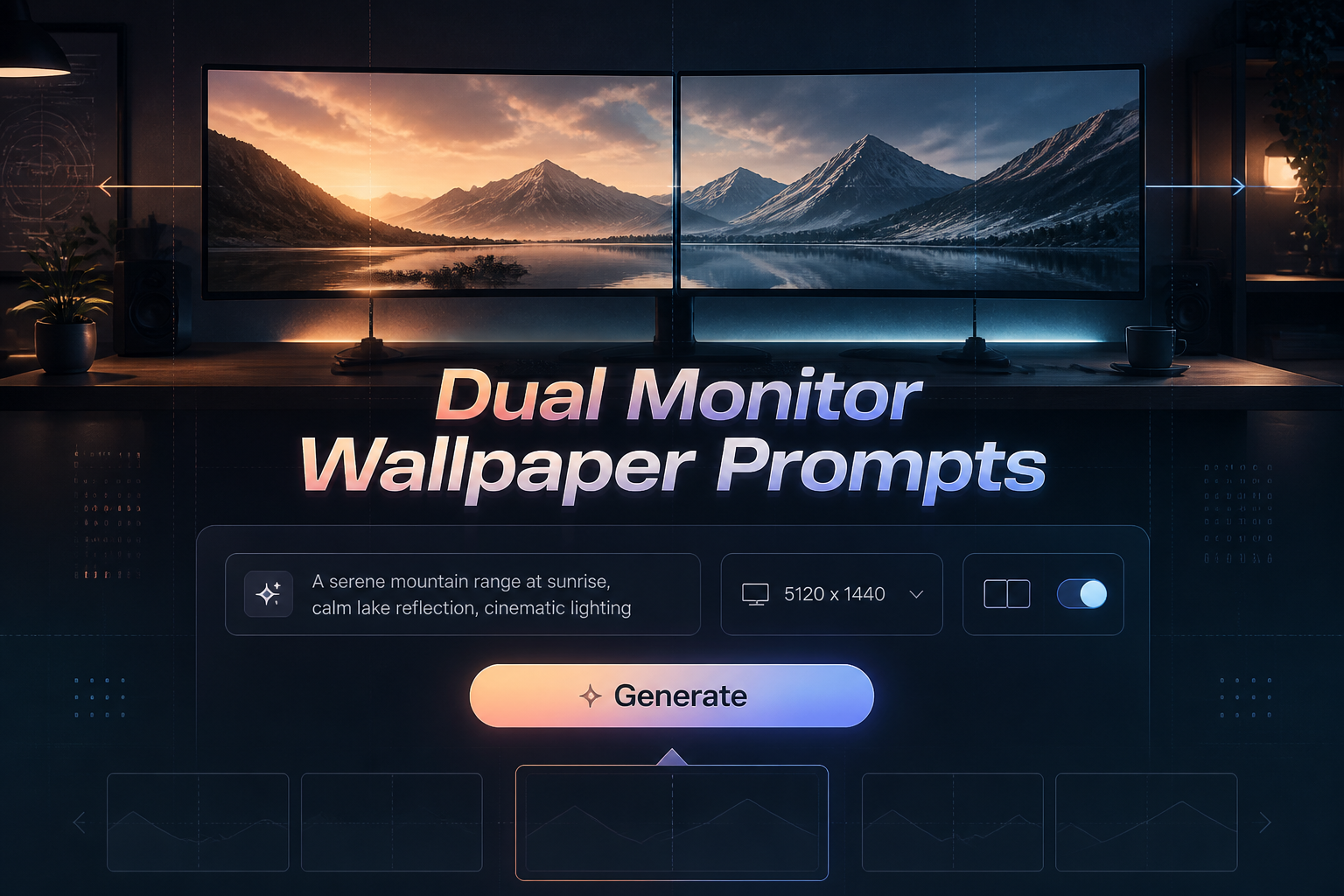 Hero image for a dual monitor wallpaper prompts tool showing the title text, a centered prompt input, aspect ratio dropdown, split-screen toggle, and Generate button over a sleek designer workstation with dual monitors and polished wallpaper preview.