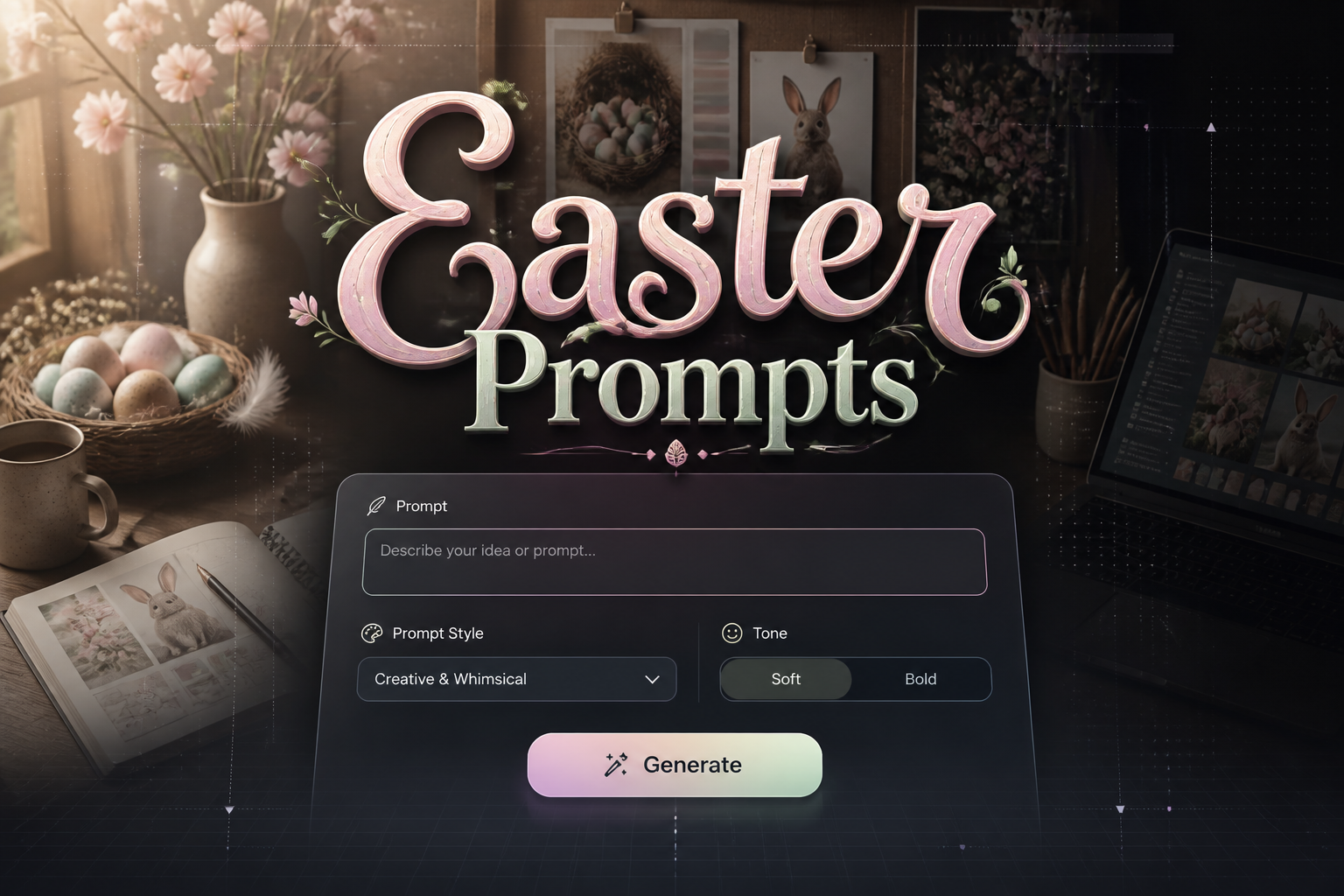 Centered Easter Prompts hero image with soft-shadow title, a refined prompt tool UI showing prompt text field, style dropdown, tone toggle, and Generate button, plus subtle easter prompt ideas planning backdrop with sleek grid details.