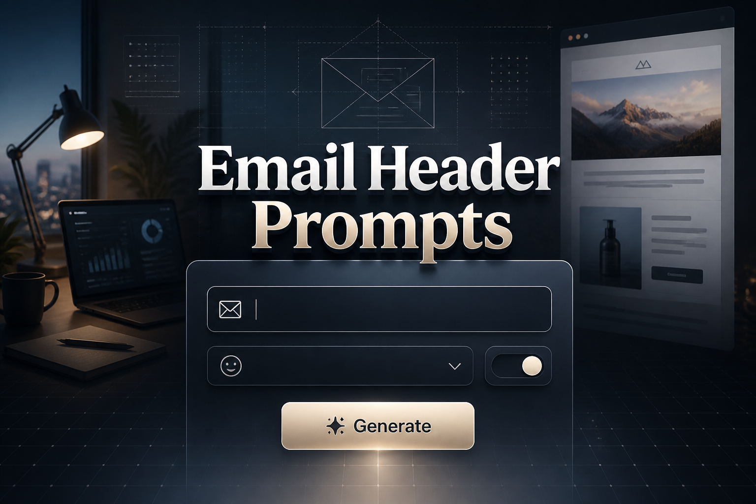 Centered hero graphic for Email Header Prompts showing a sleek UI panel with an email header idea input, tone dropdown, style toggle, and Generate button, set over a modern marketing workspace with email campaign preview for email header prompt generator tool.