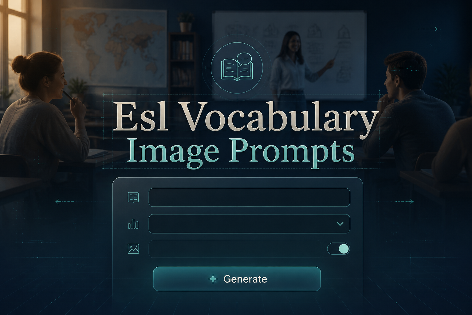 Hero image for an ESL vocabulary image prompts tool showing a sleek centered UI panel with topic field, level dropdown, include image cues toggle, and Generate button over a fading classroom background with subtle grid lines and modern smart design.