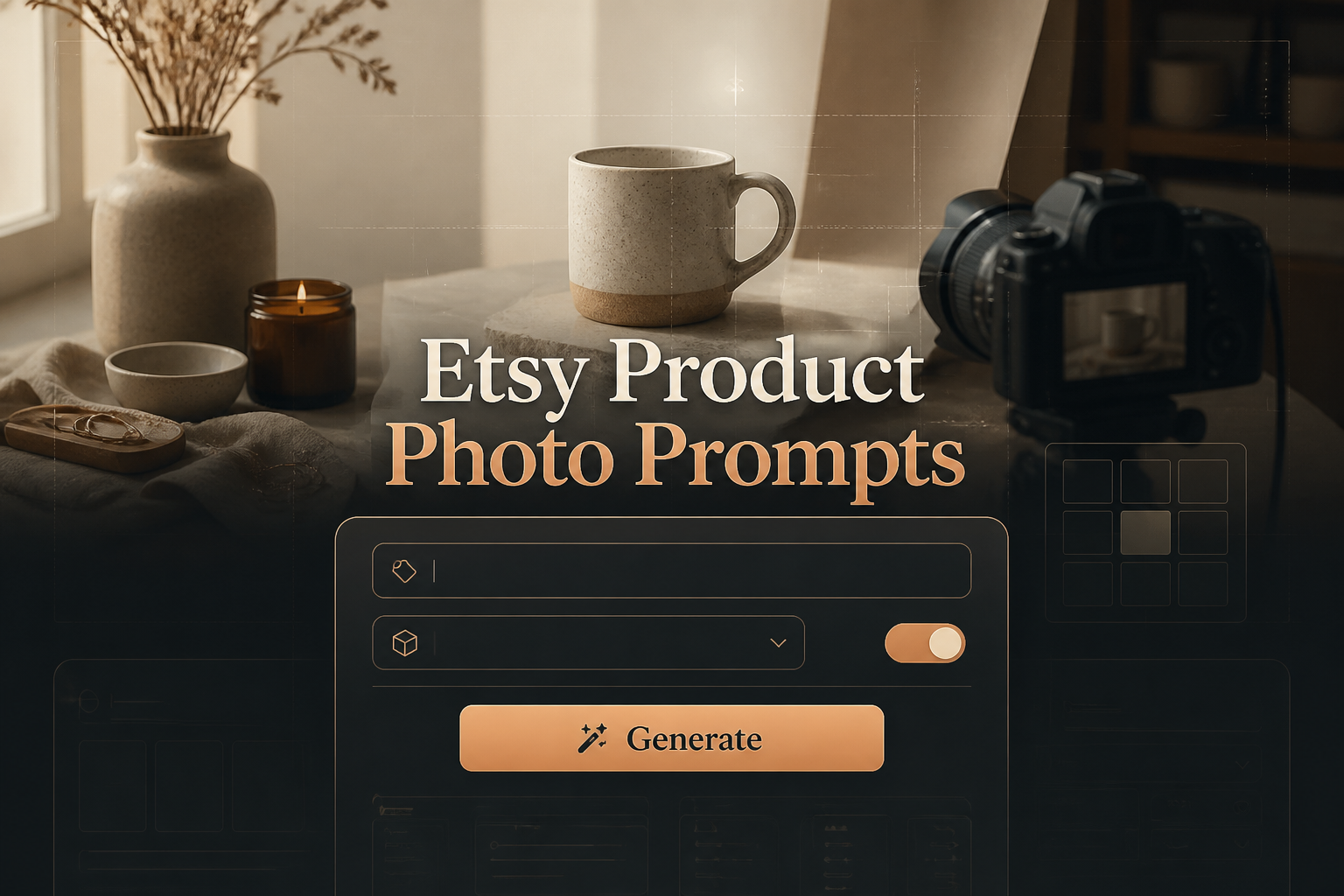 Centered hero graphic for an Etsy product photo prompts tool with the title Etsy Product Photo Prompts, a prompt topic field, product type dropdown, style tone toggle, and Generate button over a sleek Etsy product photography UI scene.