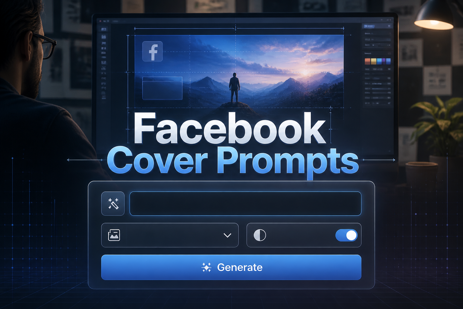 Featured Facebook Cover Prompts hero image with centered UI panel showing a prompt field, cover style dropdown, mood toggle, and Generate button, over a designer desktop scene for facebook cover prompt generator and social media cover design.