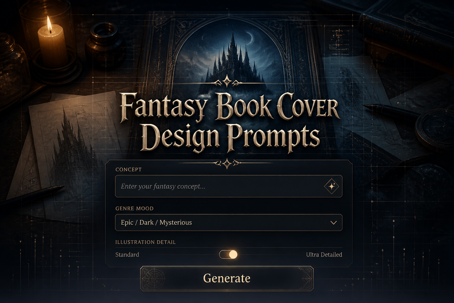 A sleek fantasy book cover design prompts hero image shows a centered UI panel with a fantasy concept input, genre mood dropdown, illustration detail toggle, and Generate button over a magical book cover workspace with subtle grid lines and elegant shadowed title text.