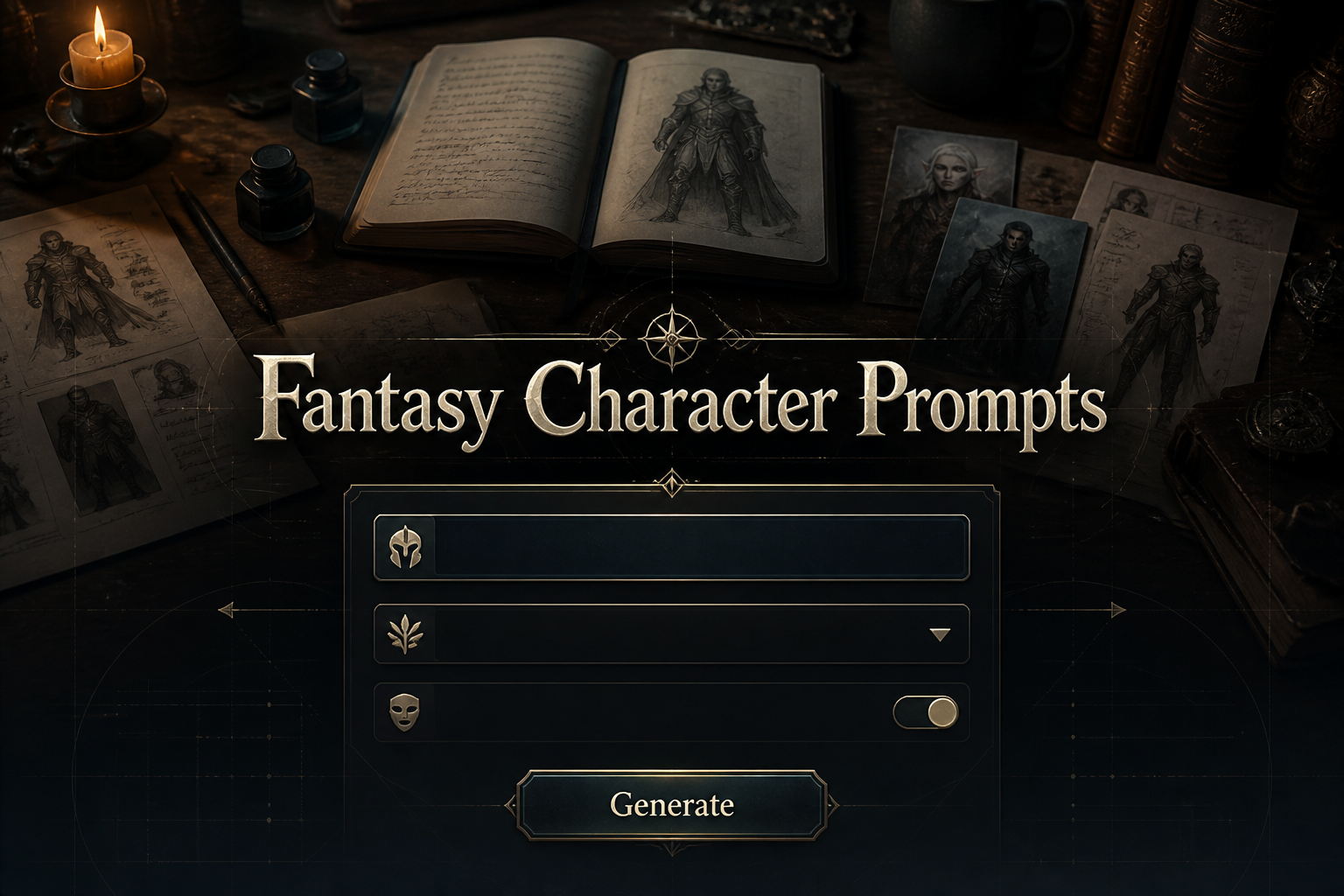 Fantasy Character Prompts hero image shows a sleek fantasy-themed UI over a writer's desk with sketches and an open notebook, featuring a character type field, fantasy race dropdown, tone toggle, and Generate button in a polished character prompt generator.