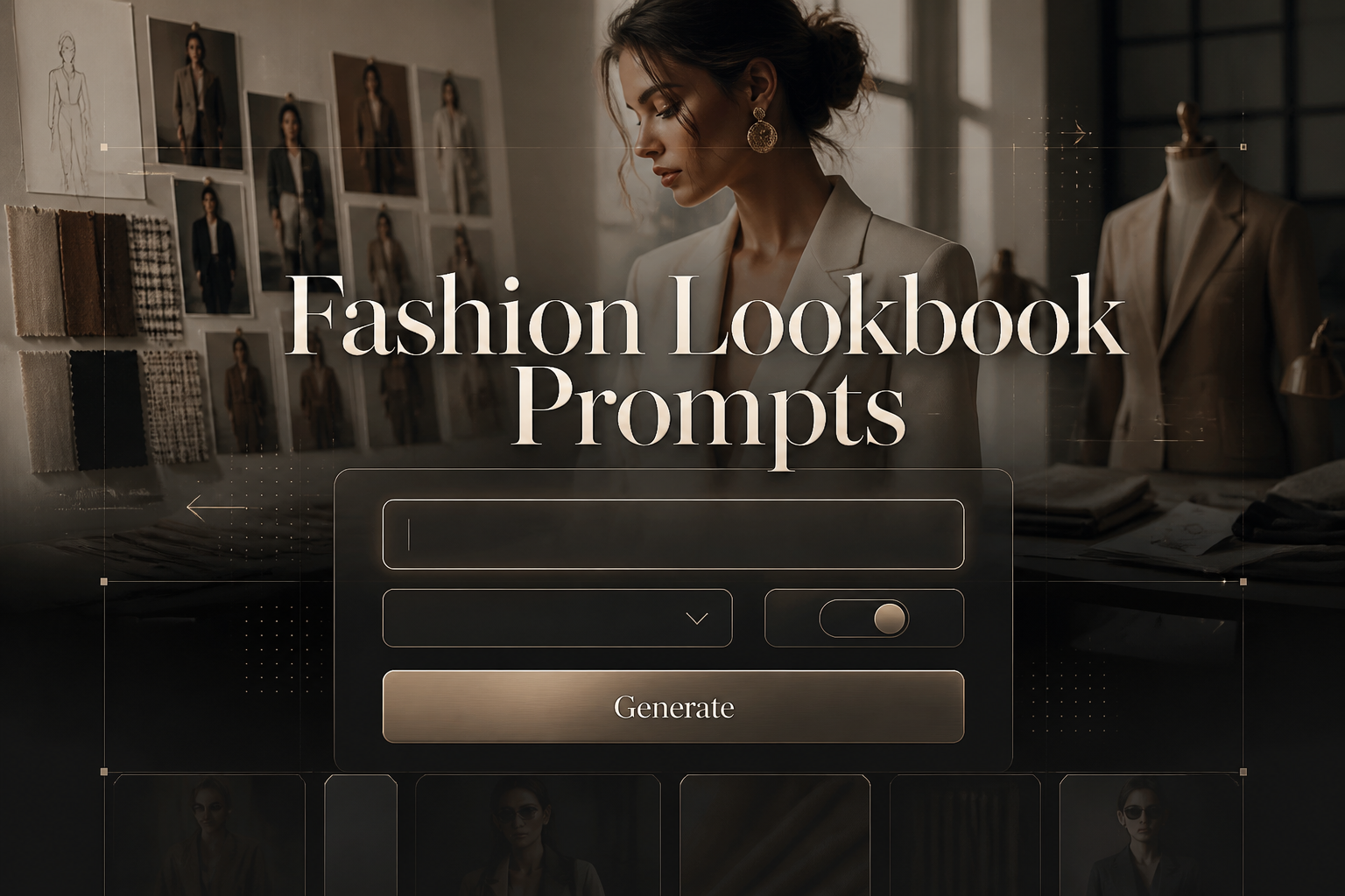 Centered hero graphic for a fashion lookbook prompts tool with the title Fashion Lookbook Prompts, a sleek prompt input, style mood dropdown, seasonal toggle, and Generate button over a fading fashion studio backdrop with model and fabric swatches.