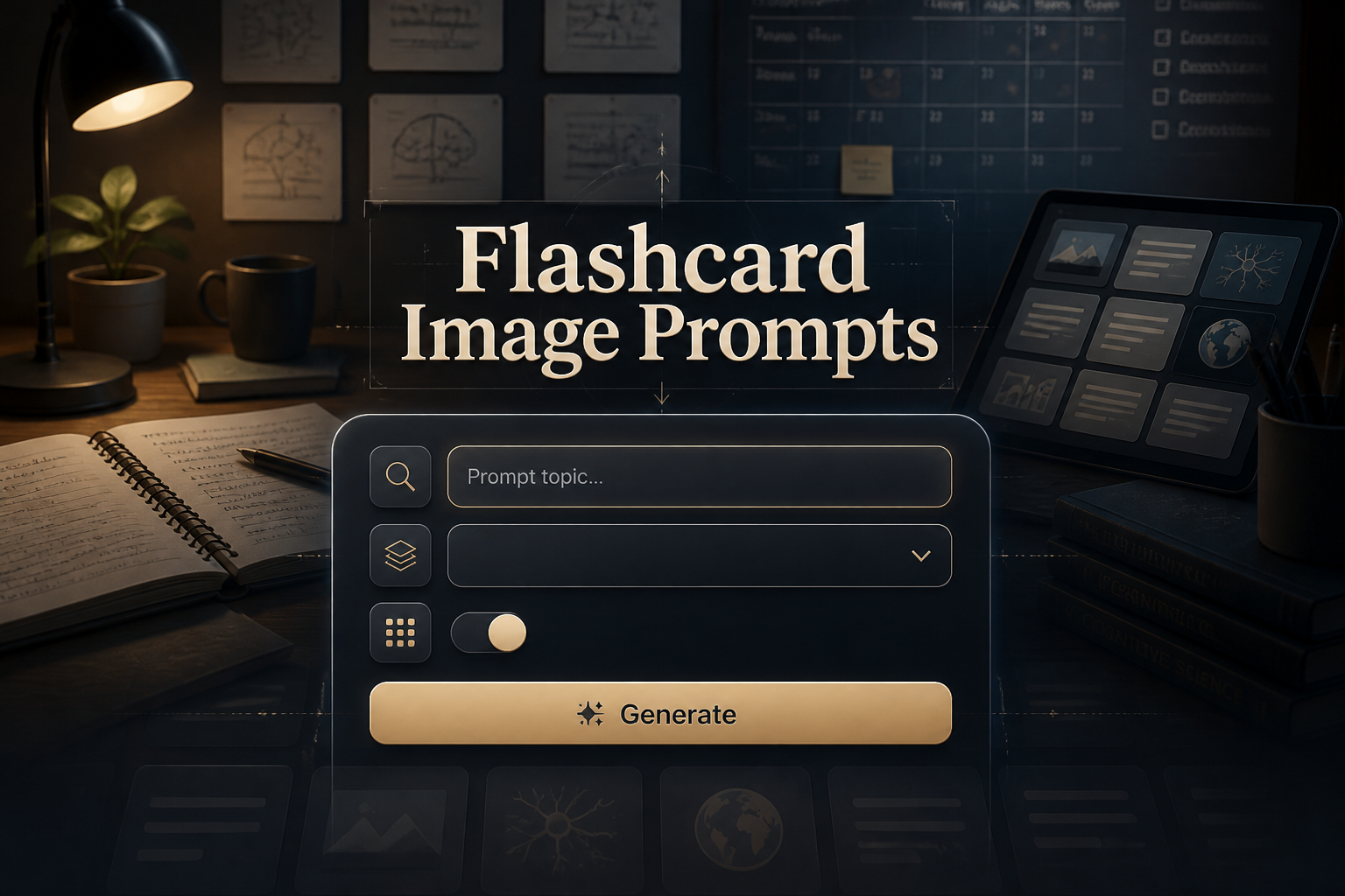 Centered hero graphic with the title Flashcard Image Prompts, a sleek flashcard prompt generator UI with input fields, card style dropdown, density toggle, and Generate button, plus study-planning background for flashcard image prompts.