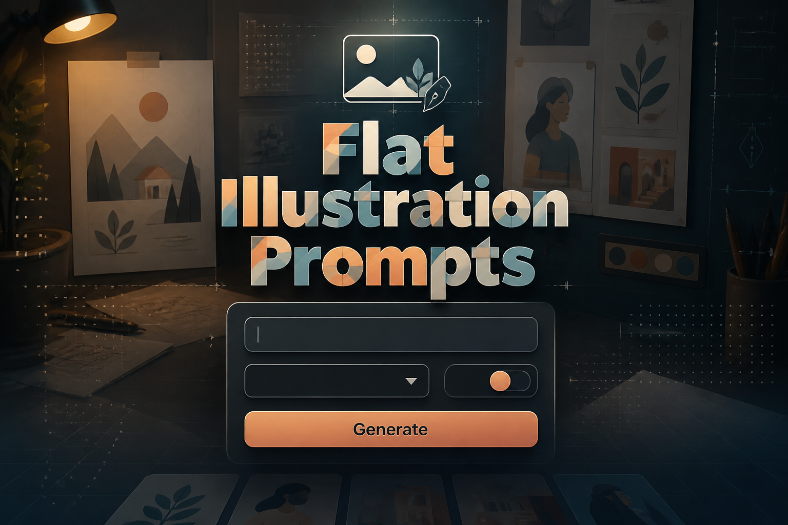 Centered hero graphic for Flat Illustration Prompts with a sleek UI panel, soft-shadow title, prompt field, style dropdown, toggle, and Generate button over a designer workspace, ideal for flat illustration prompt ideas and prompt tool inspiration