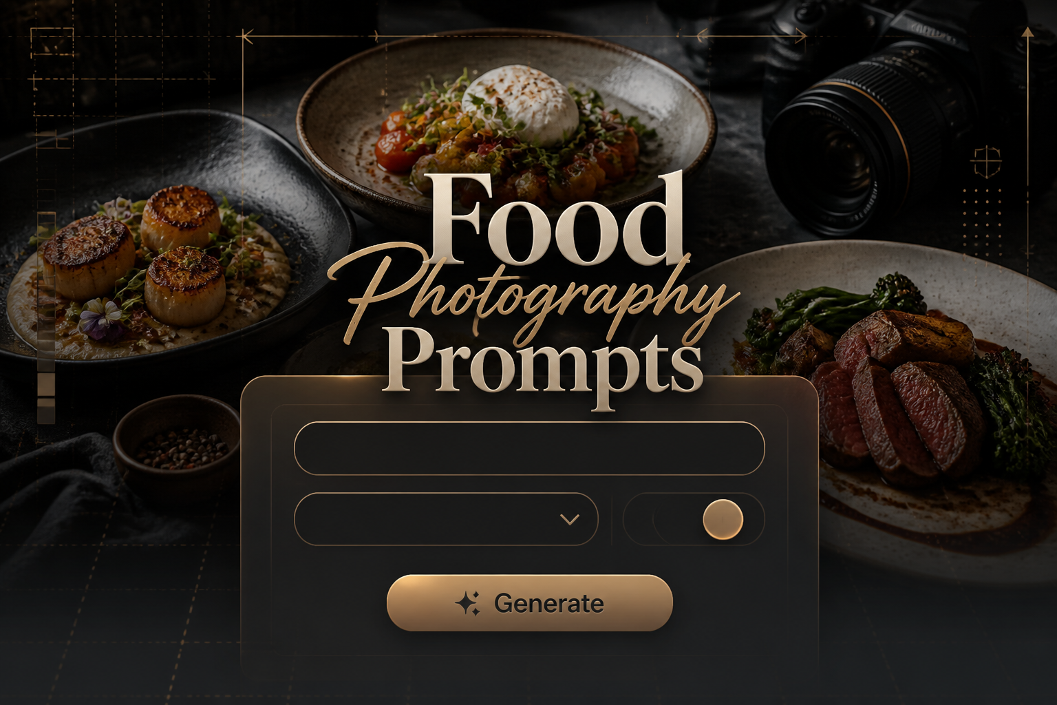 Centered hero graphic with "Food Photography Prompts" in subtle shadowed type above a polished prompt generator panel, featuring a food style input, cuisine dropdown, mood toggle, and Generate button over a premium food photography prompt generator background with plated dishes, camera styling, and faint grid lines.