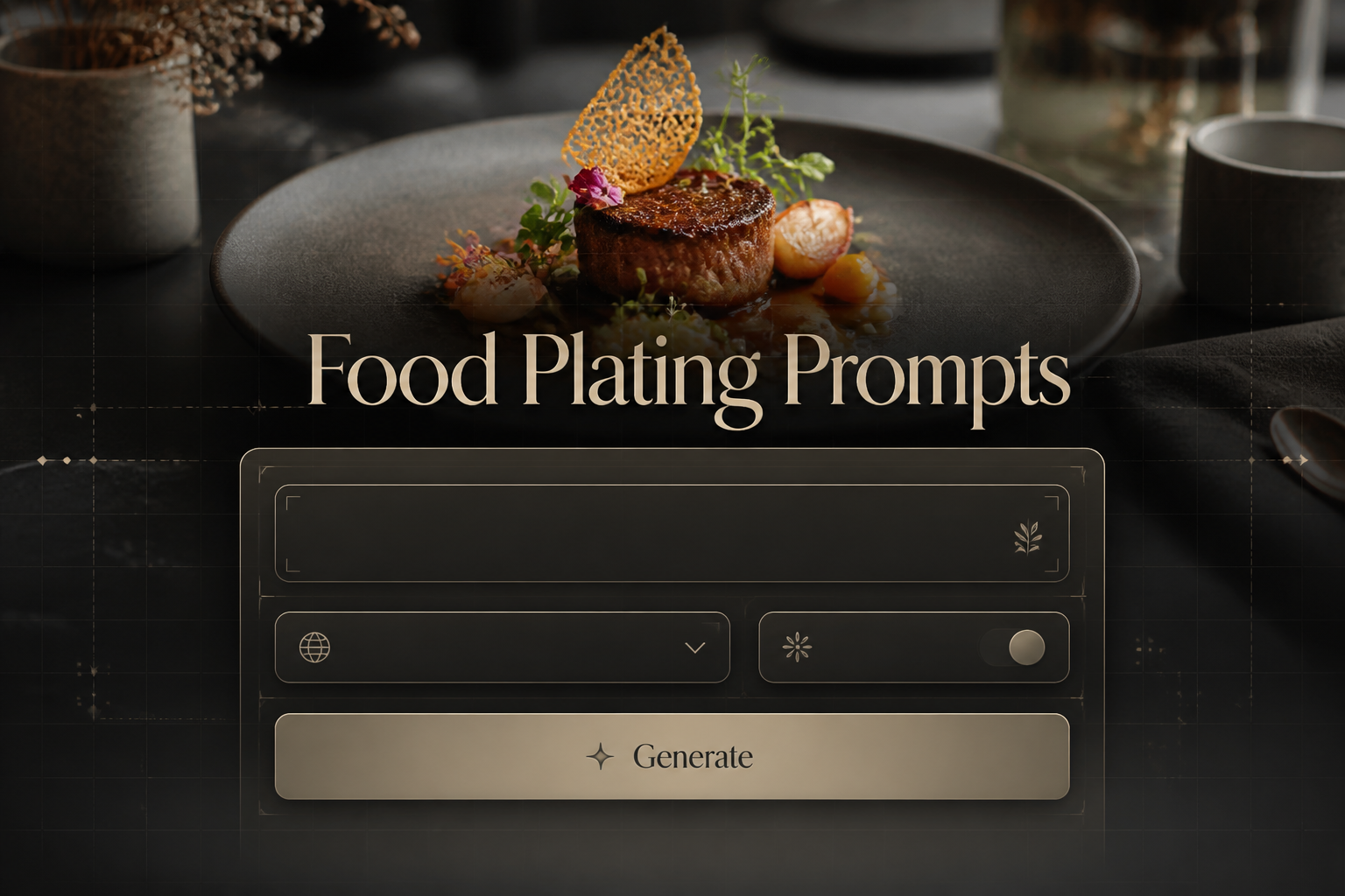 Centered hero graphic with "Food Plating Prompts" over a sleek food-plating prompts tool UI, showing a plating prompt field, cuisine style dropdown, presentation mood toggle, and Generate button above a gourmet dish background.