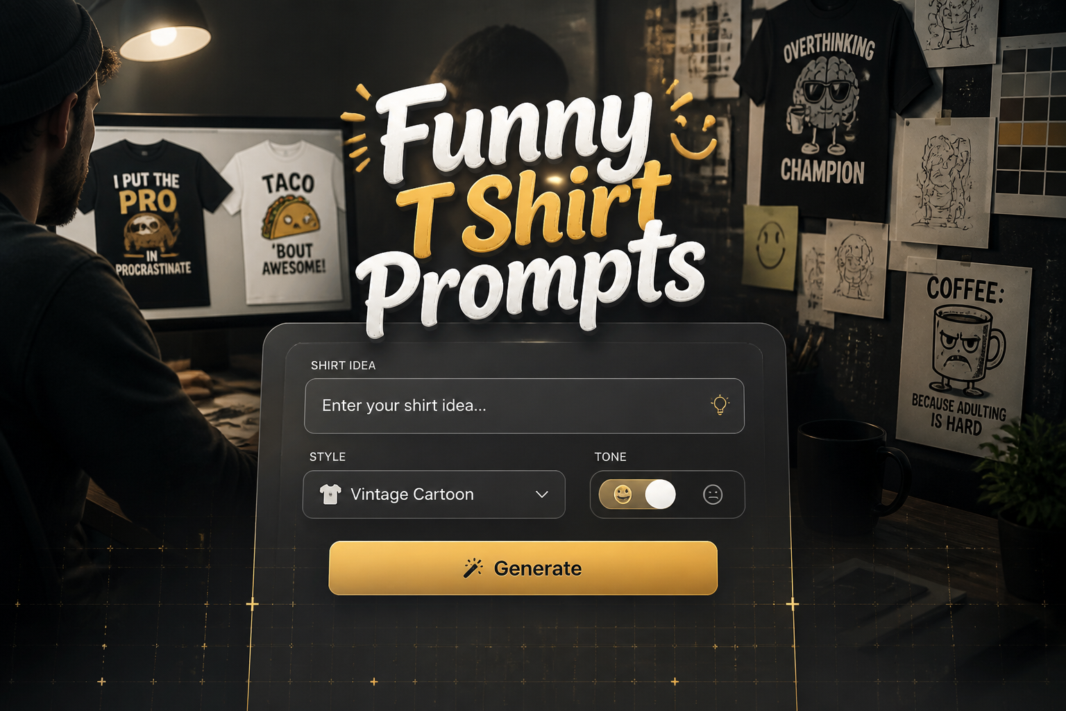 A centered hero graphic shows the title Funny T Shirt Prompts over a sleek UI panel with a shirt idea input, style dropdown, tone toggle, and Generate button, set on a dark designer workspace for funny t shirt prompt ideas.
