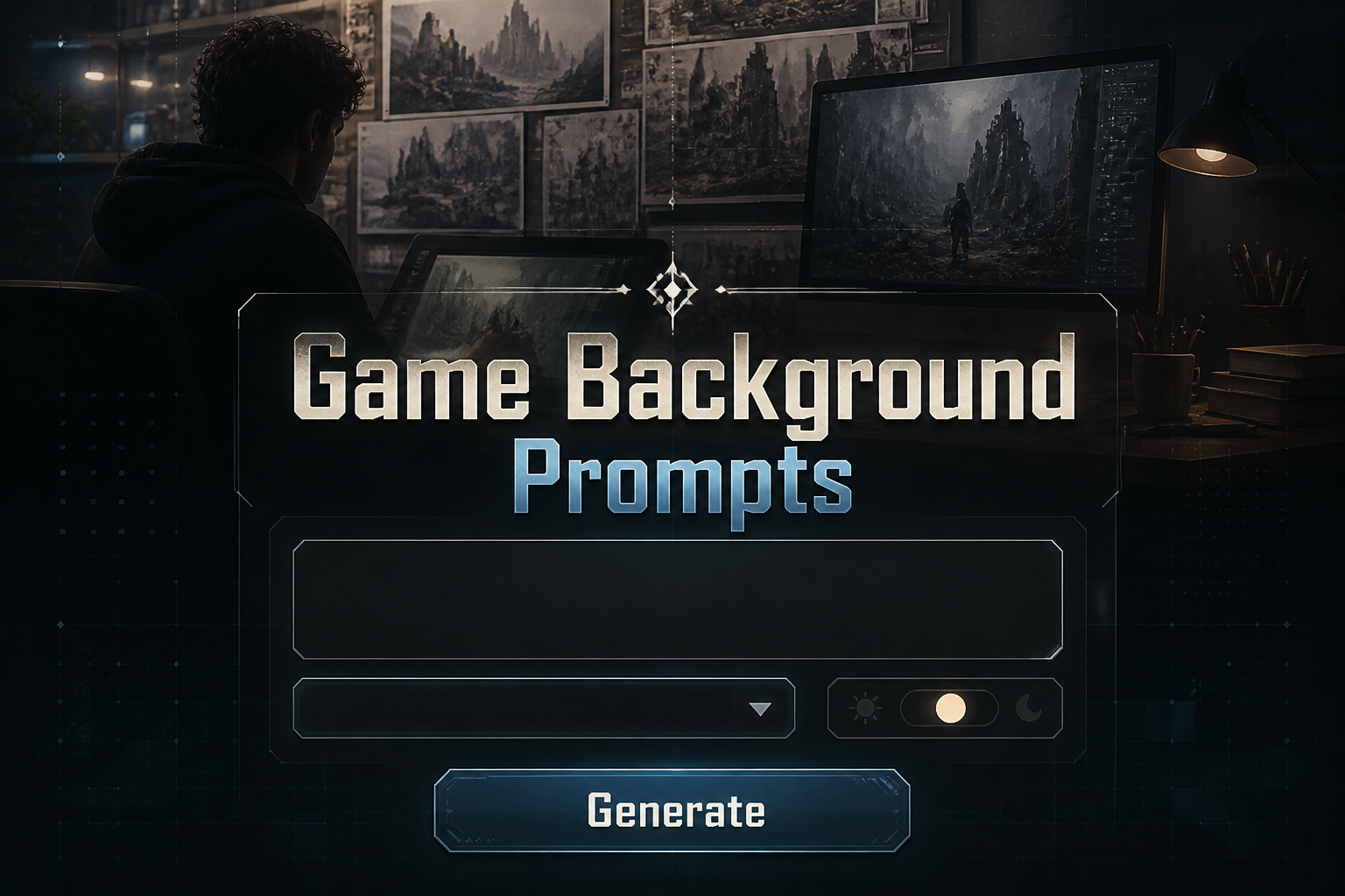 Centered hero graphic for a game background prompts tool, with a sleek UI panel showing a game scene prompt field, environment style dropdown, mood toggle, and Generate button over a cinematic concept artist workspace backdrop.