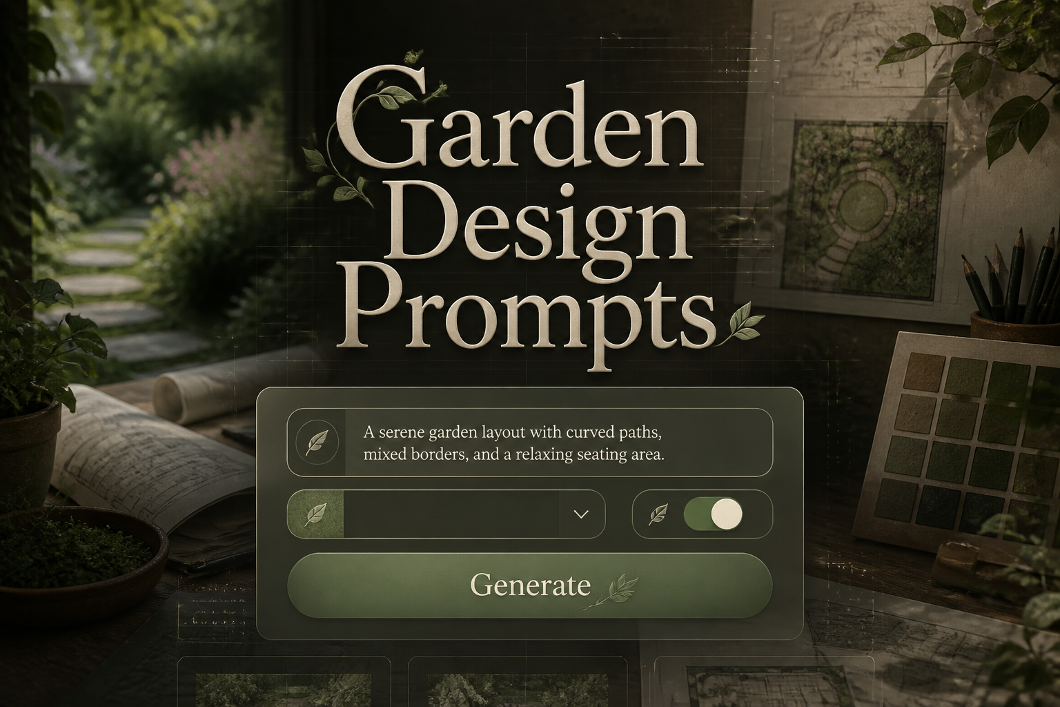 Premium hero graphic for a garden design prompts tool with the title Garden Design Prompts, a centered UI panel showing prompt input, garden style dropdown, seasonal toggle, and Generate button over a botanical workspace for garden layout ideas.