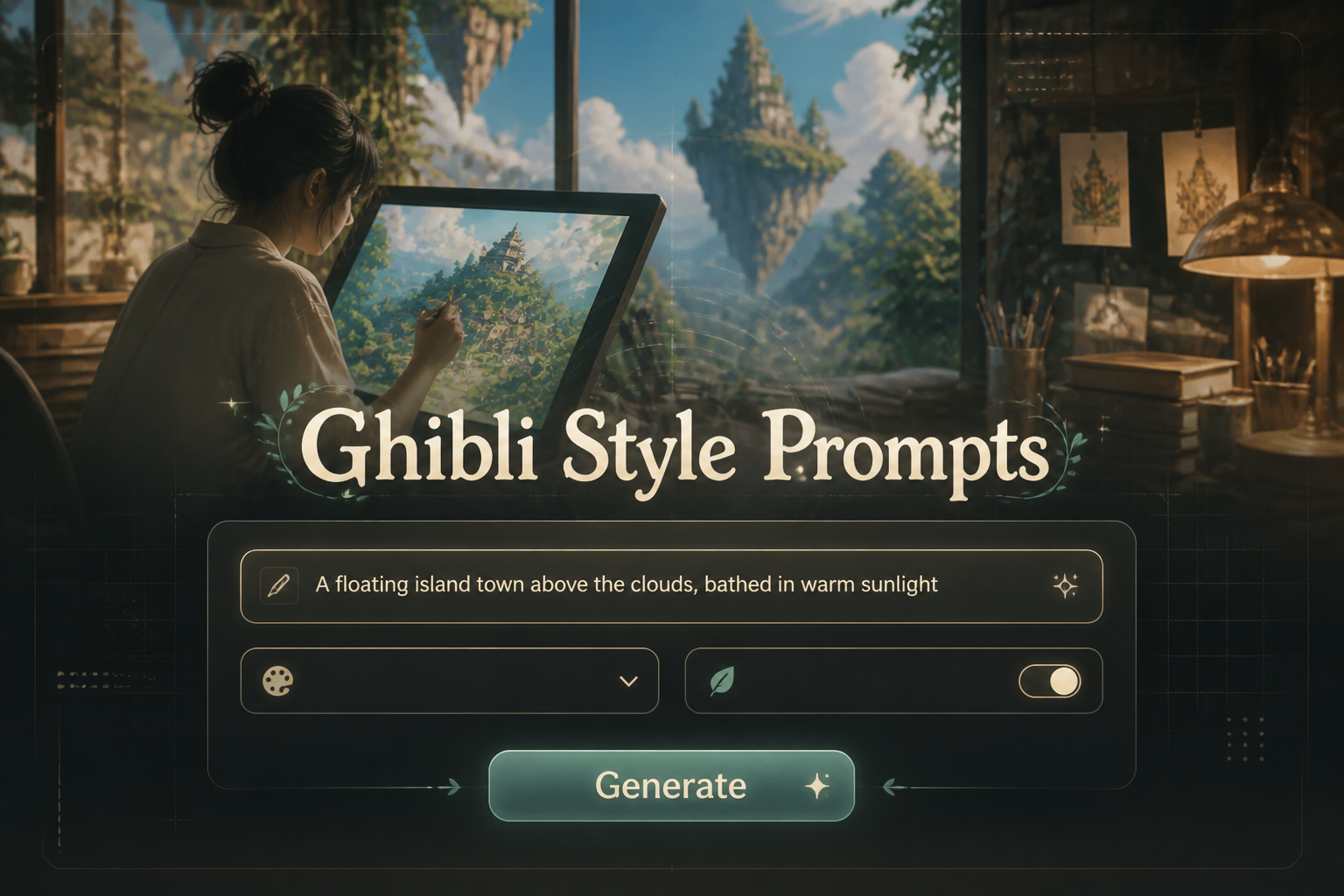Centered hero image of a Ghibli Style Prompts tool with a refined prompt field, style dropdown, variation toggle, and Generate button, set over a whimsical fantasy artist scene with subtle UI grid details and soft shadowed title text.