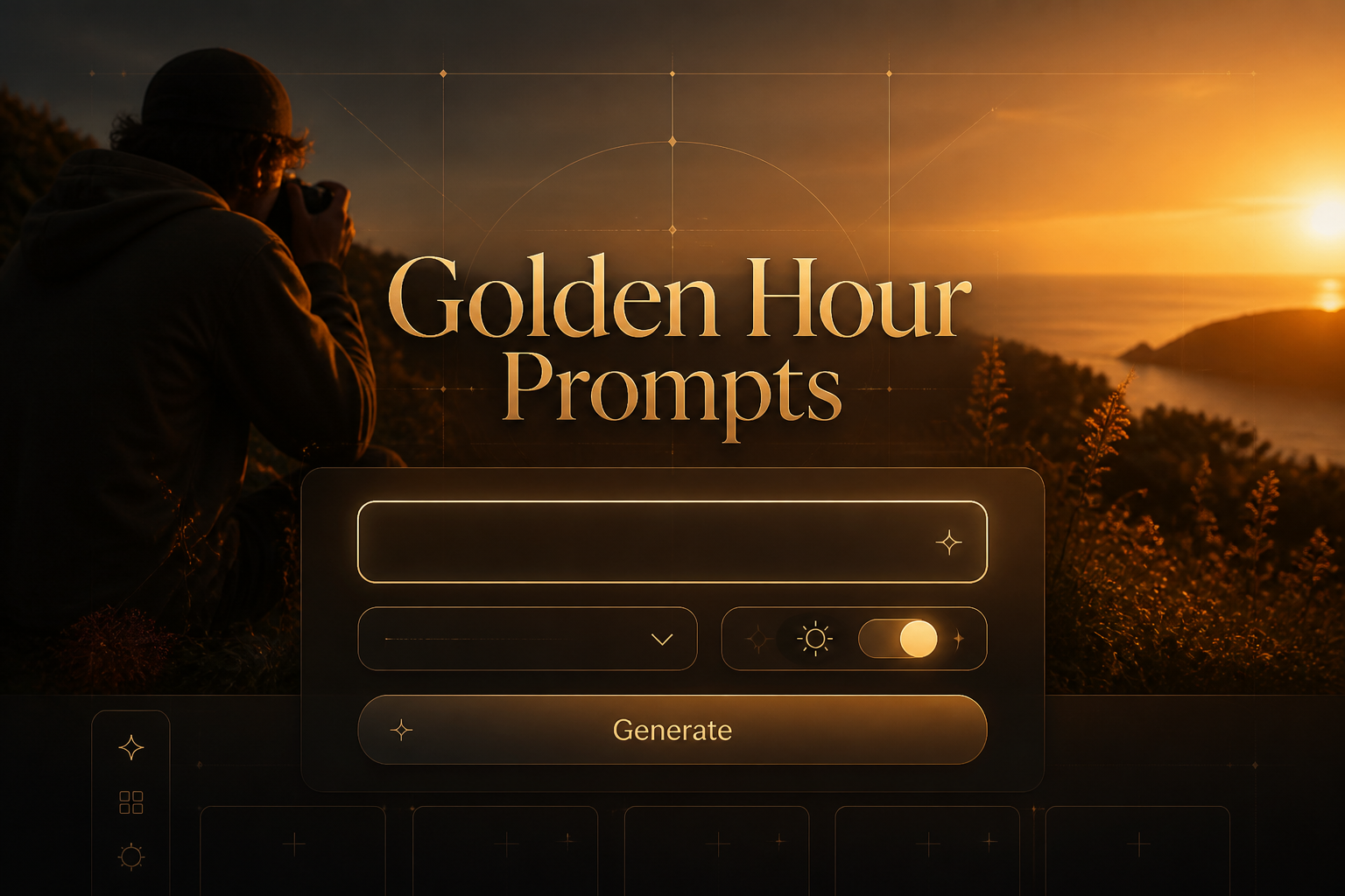 Golden Hour Prompts hero image shows a polished prompt tool UI with a central input field, dropdown, toggle and Generate button over a golden-hour creator scene, ideal for golden hour prompt ideas and AI prompt generator tools.