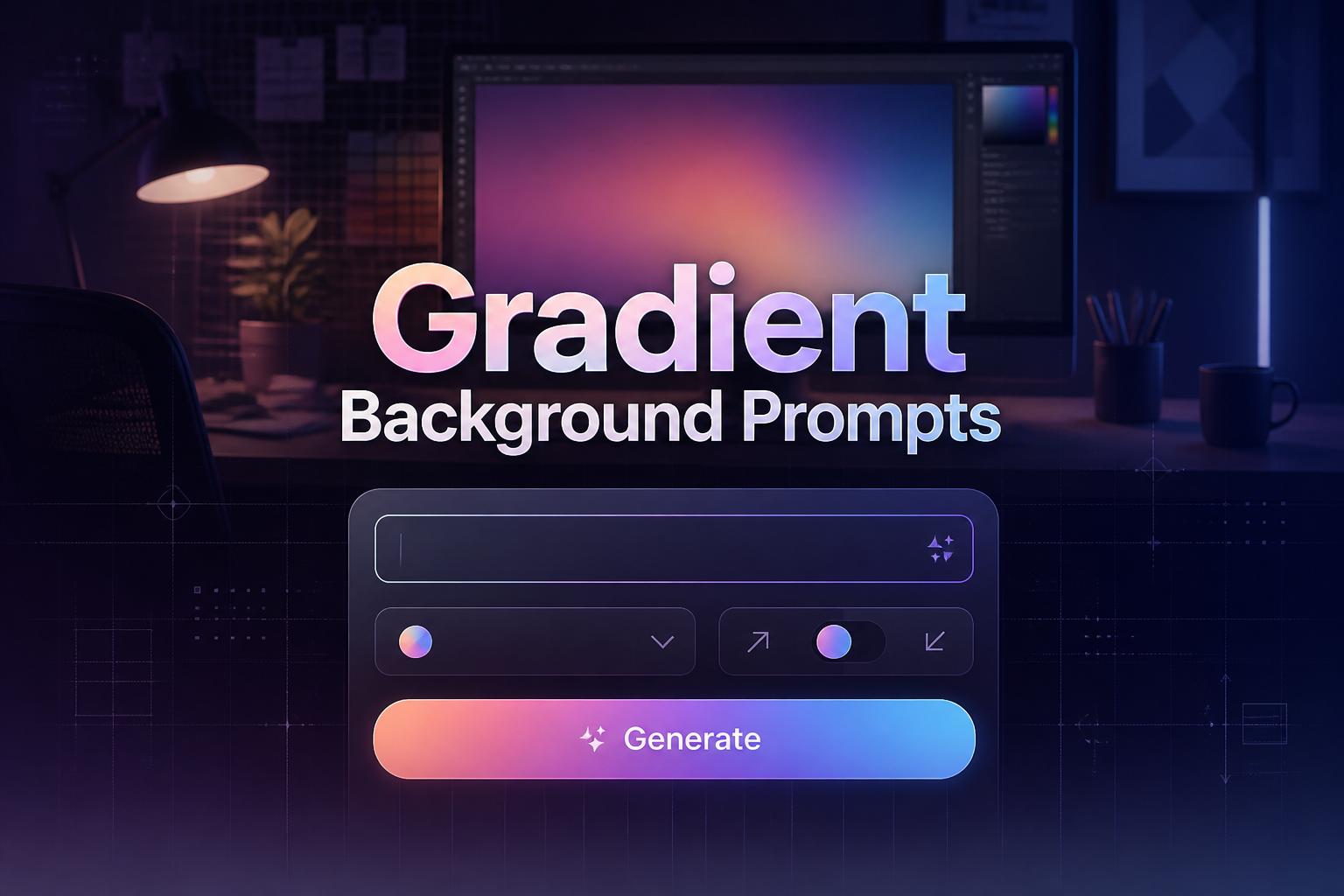 Centered hero image for a gradient background prompts tool, showing a refined UI panel with a prompt input, color mood dropdown, direction toggle, and Generate button over a sleek designer workspace with gradient mockup screen.