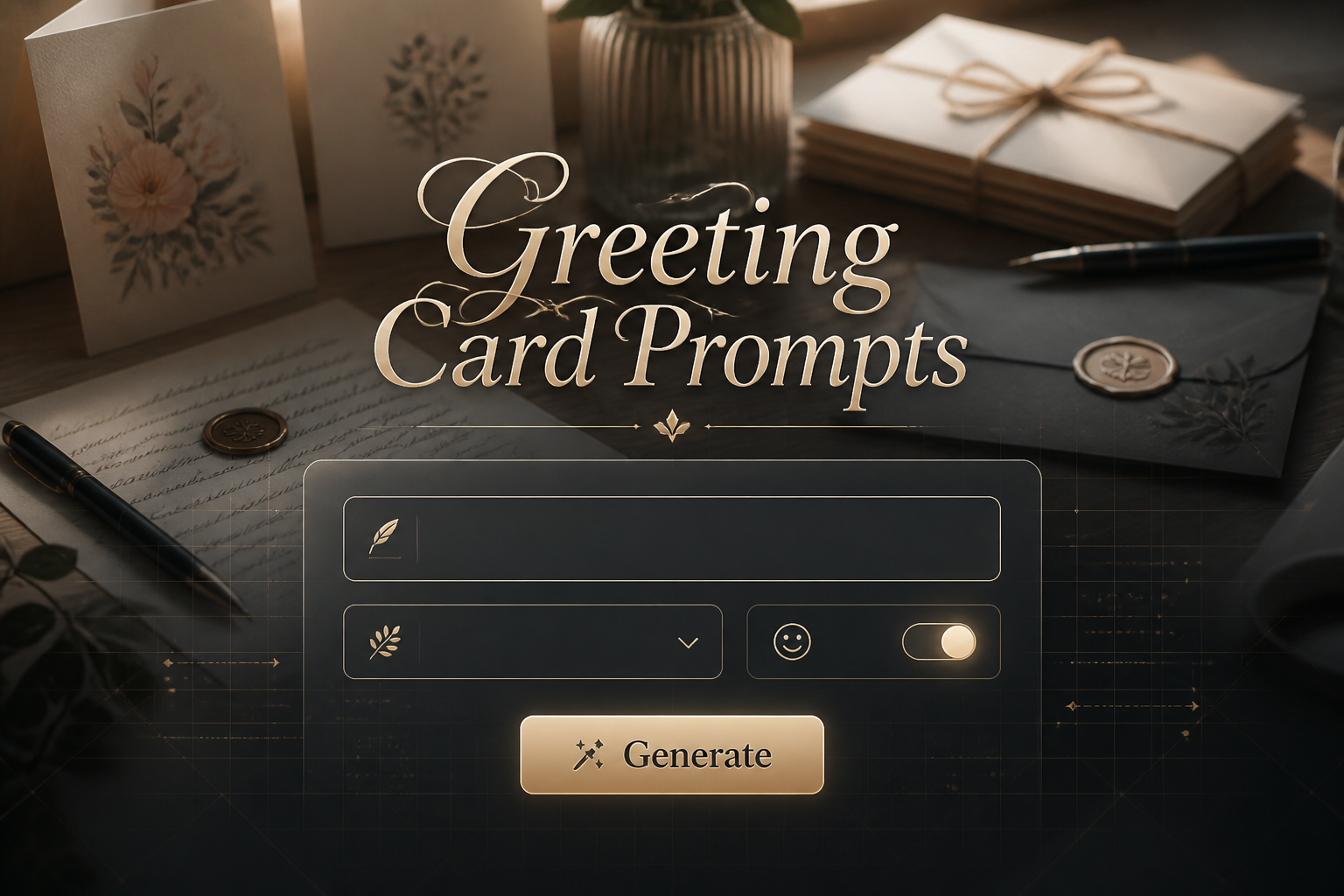 Featured hero image of a refined greeting card prompts tool with the text Greeting Card Prompts, a short card occasion prompt field, card style dropdown, tone toggle, and Generate button over a premium stationery desk scene for greeting card idea generator use.