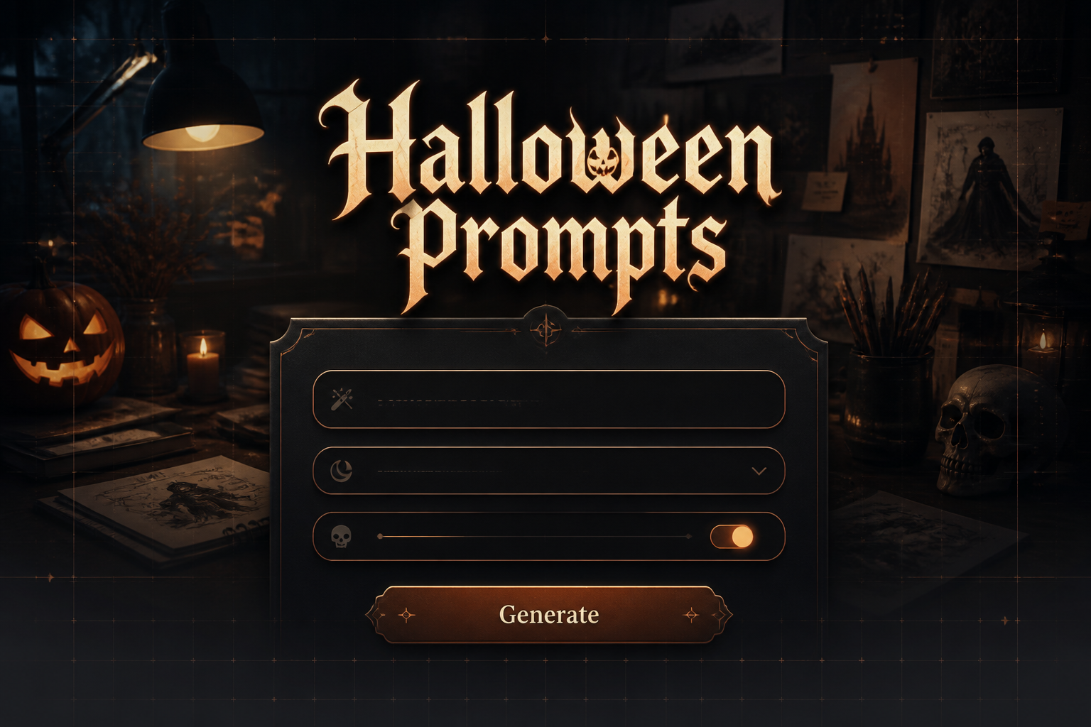 Centered hero graphic for Halloween Prompts showing a sleek spooky-themed UI panel with a prompt idea field, mood dropdown, spooky intensity toggle, and Generate button over a dark creative Halloween workspace, ideal for halloween prompt generator ideas and Halloween writing prompts.