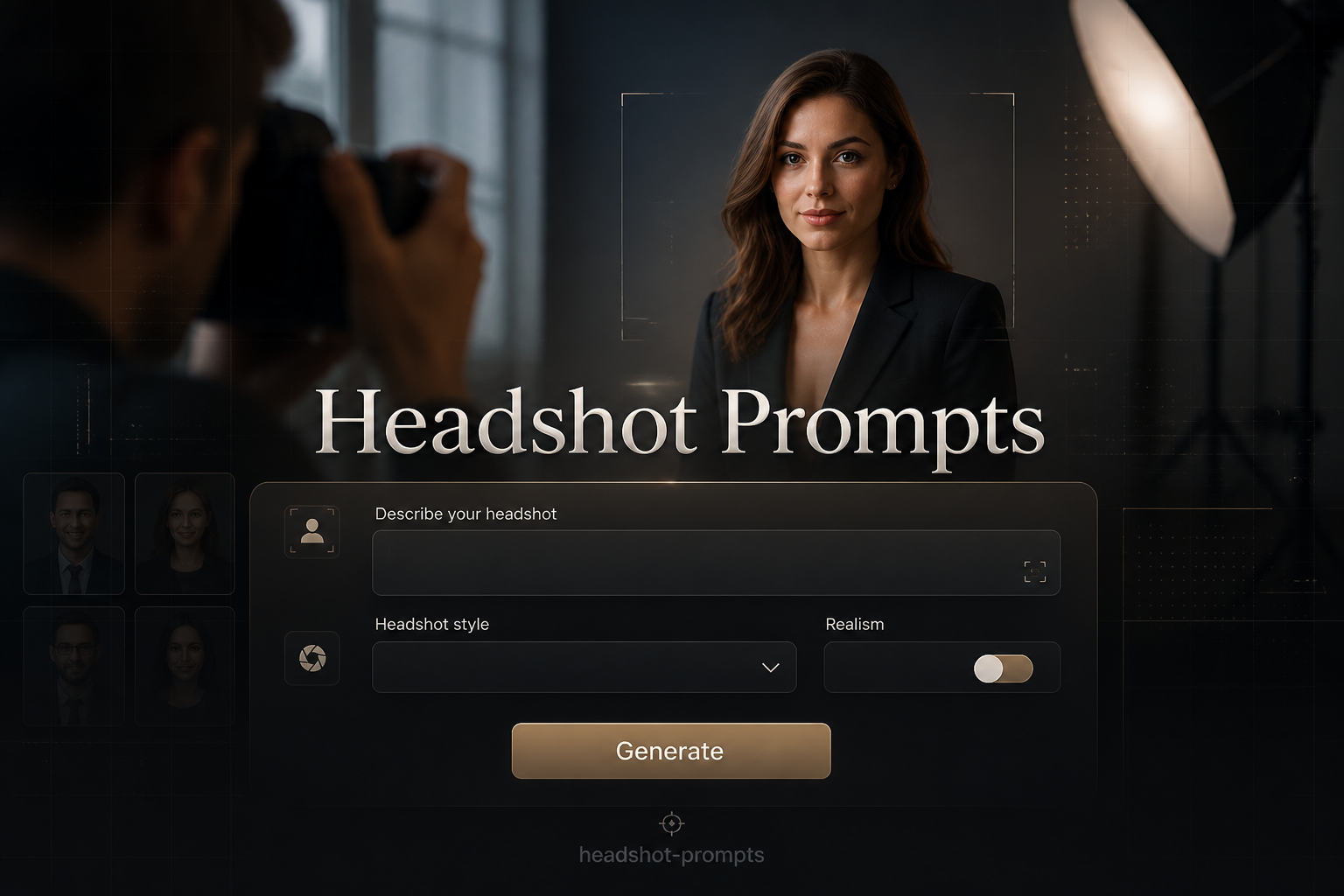 A polished hero image shows a centered headshot prompts tool UI with a prominent "Headshot Prompts" title, prompt field, headshot style dropdown, realism/studio toggle, and Generate button, plus subtle professional headshot prompt generator styling.
