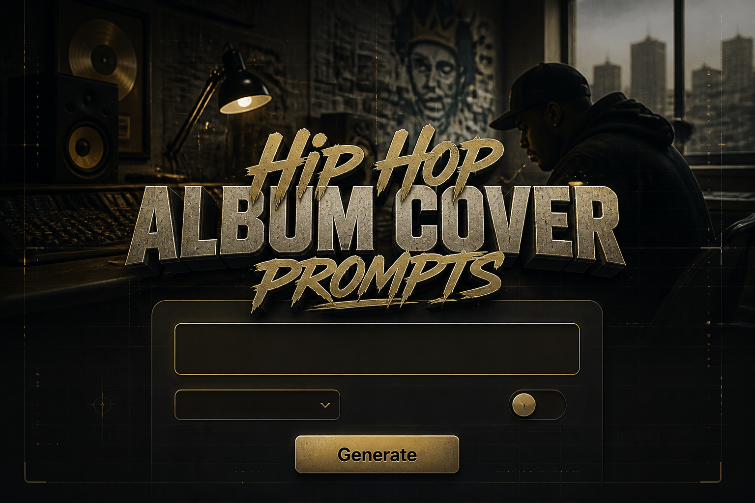 Centered hero graphic for a hip hop album cover prompts tool, showing a sleek UI panel with a prompt input, blank dropdown, tiny toggle, and Generate button, over a fading music studio desk background with subtle grid markers and bold black-shadow title text.