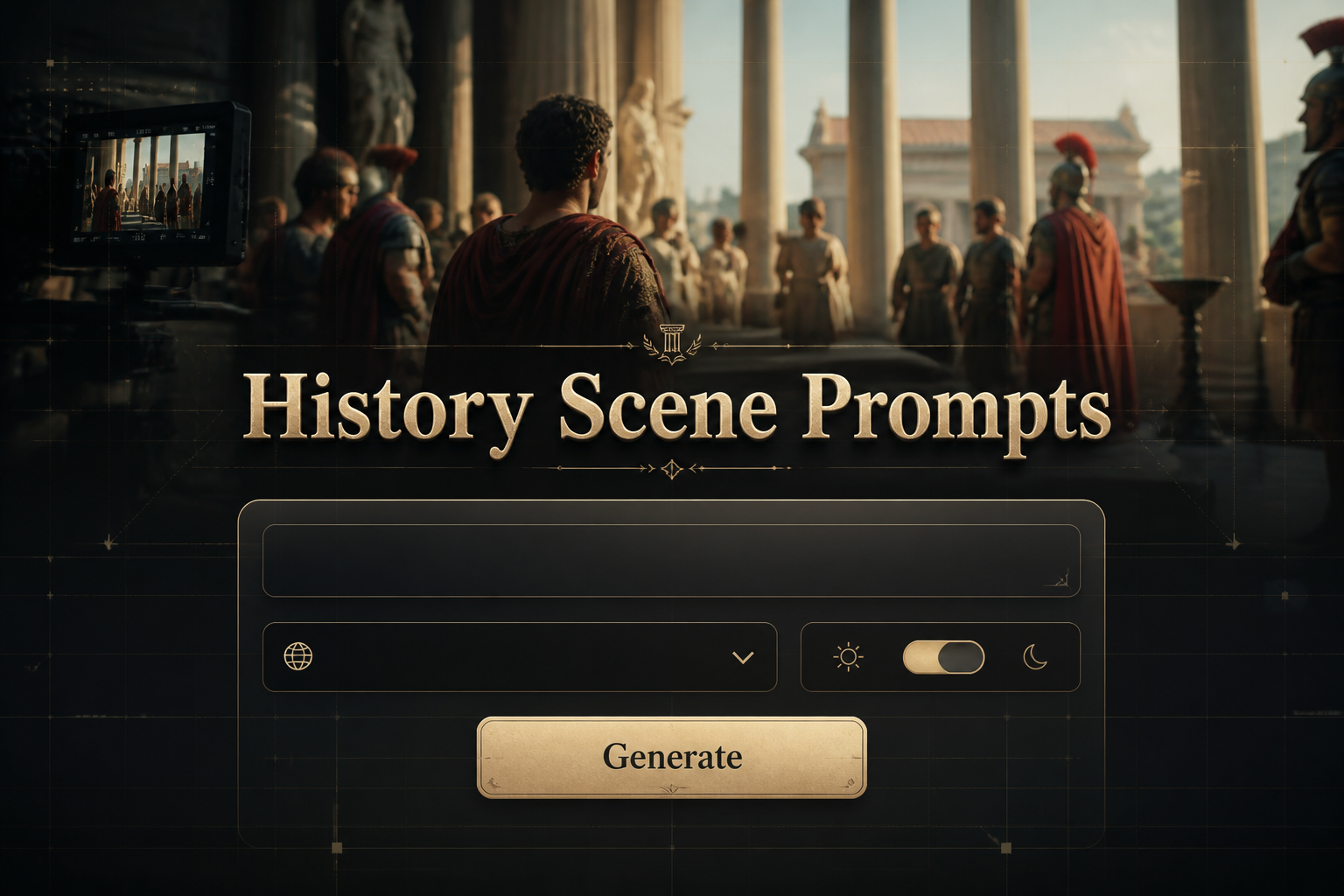 Centered hero graphic for a history scene prompts tool with the title History Scene Prompts, a scene idea input, era dropdown, mood toggle, and Generate button over a refined historical reenactment background with subtle grid lines and premium UI details.