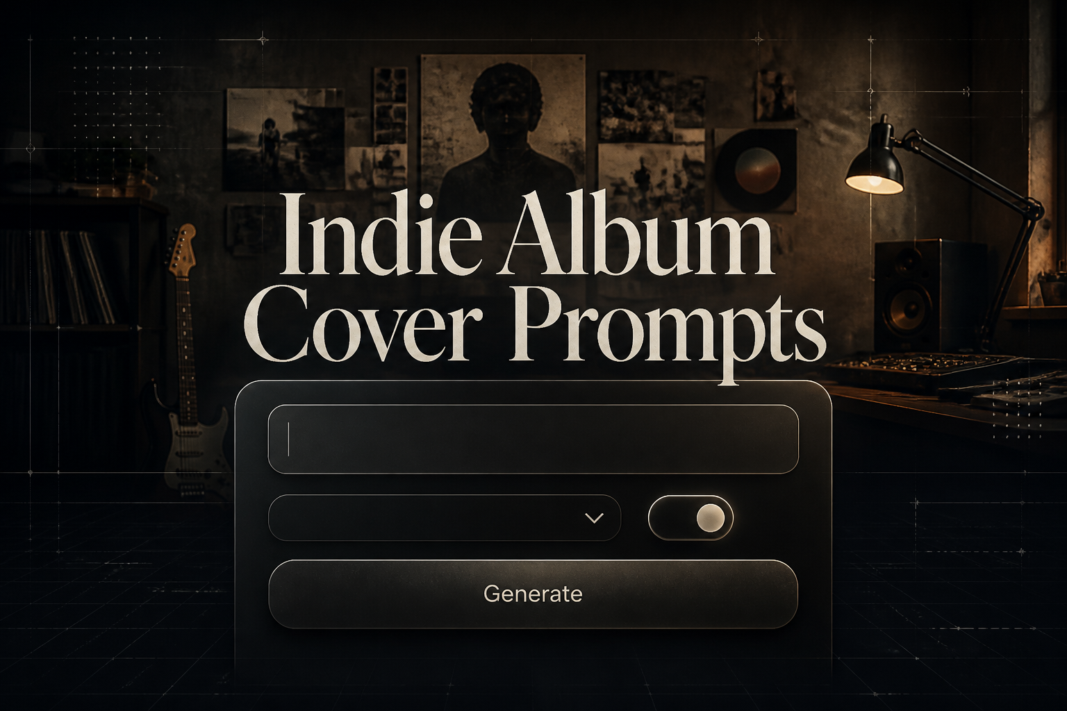 Centered hero graphic for an indie album cover prompts tool showing the title "Indie Album Cover Prompts," a refined panel with one prompt field, compact style dropdown, mood toggle, and Generate button over a sleek music-studio background.