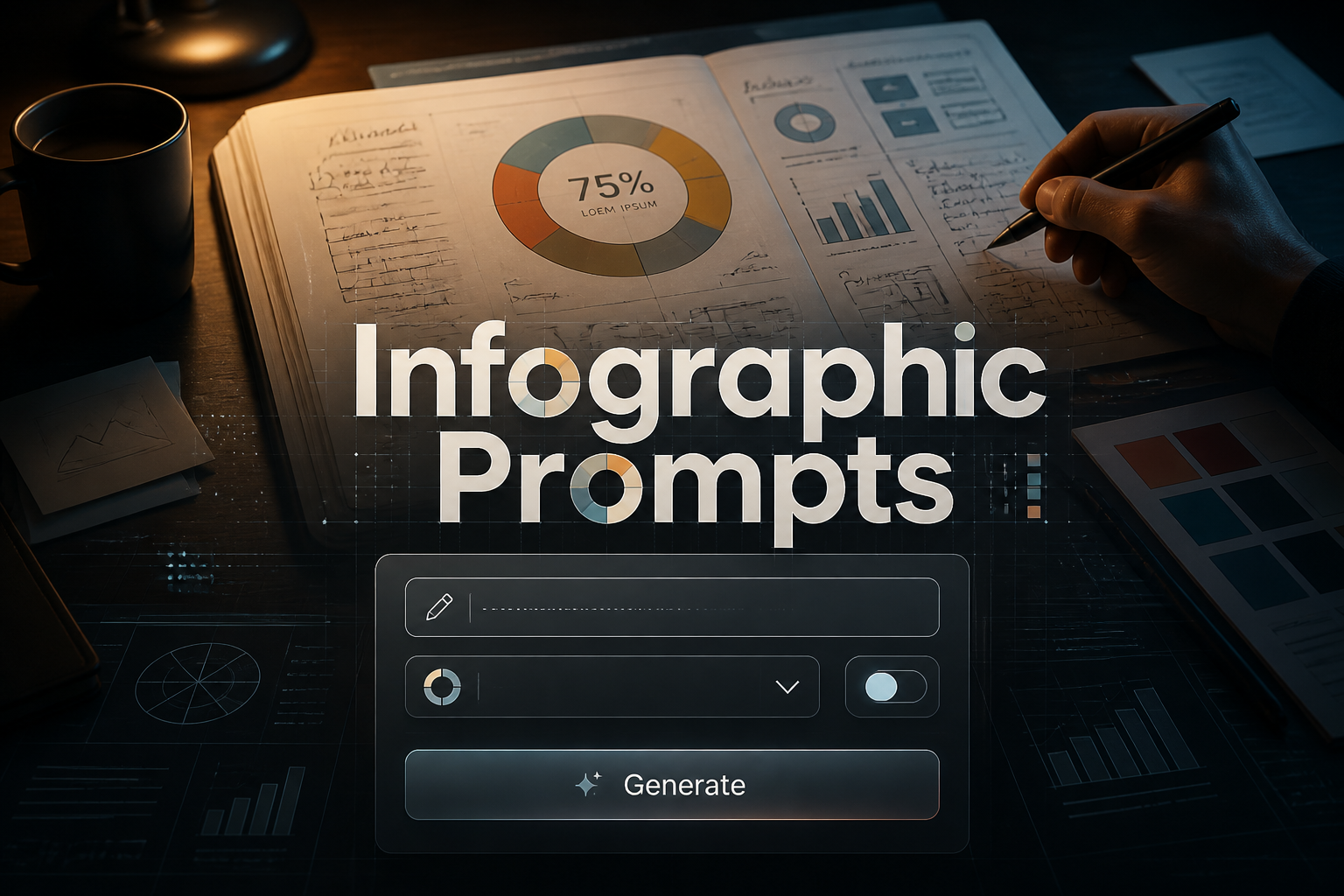 A polished hero image for Infographic Prompts shows a centered UI panel with the title text, one prompt input, an infographic style dropdown, a small toggle, and a Generate button over a dramatic infographic planning background with subtle grid lines and premium tool aesthetics.