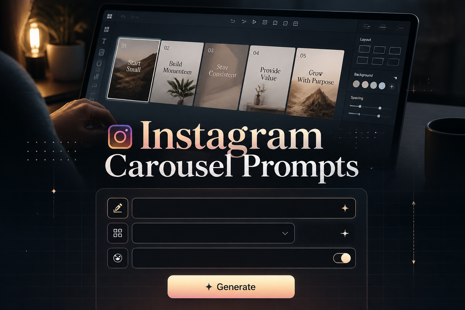 Centered hero graphic with "Instagram Carousel Prompts" in a sleek UI panel, prompt topic field, carousel style dropdown, tone toggle, and Generate button over a creator designing an Instagram carousel on a bright laptop, ideal for instagram carousel prompts tool and Instagram carousel prompt ideas.