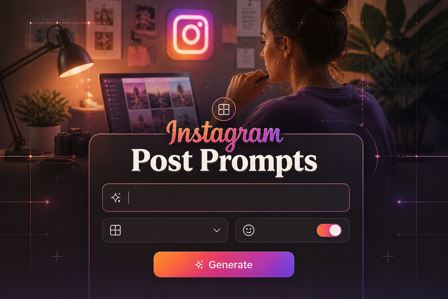 Centered premium UI hero for Instagram Post Prompts with a subtle-shadow title, prompt input, post style dropdown, tone toggle, and Generate button, set over a creator-planning Instagram content scene with sleek grid accents.