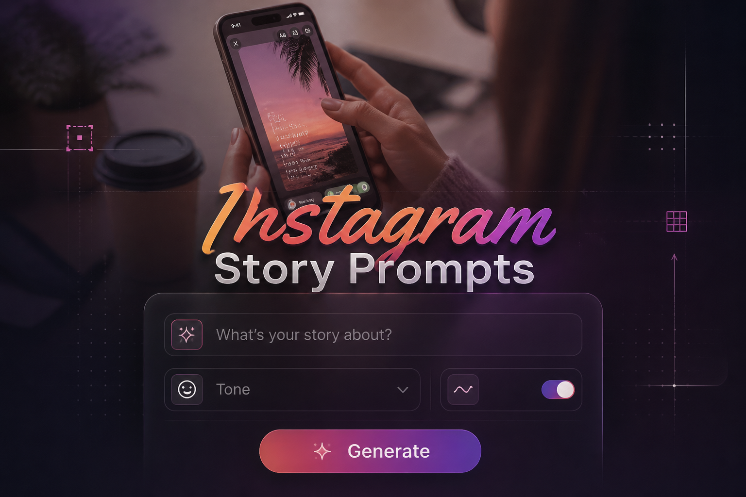 Centered featured hero image with Instagram Story Prompts text over a sleek UI panel, story topic field, tone dropdown, creative length toggle, and Generate button, set against a phone-story scene for Instagram story prompt ideas and story content prompts.