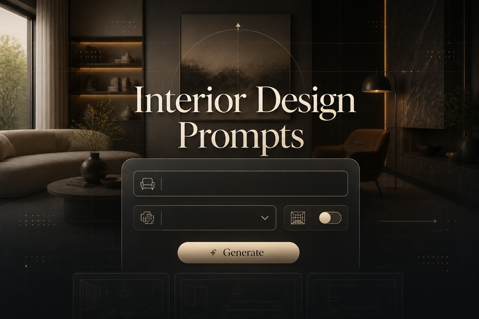 Centered premium hero graphic with "Interior Design Prompts" over a sleek UI panel showing a room style input, material mood dropdown, perspective toggle, and Generate button, ideal for interior design prompt generator inspiration.