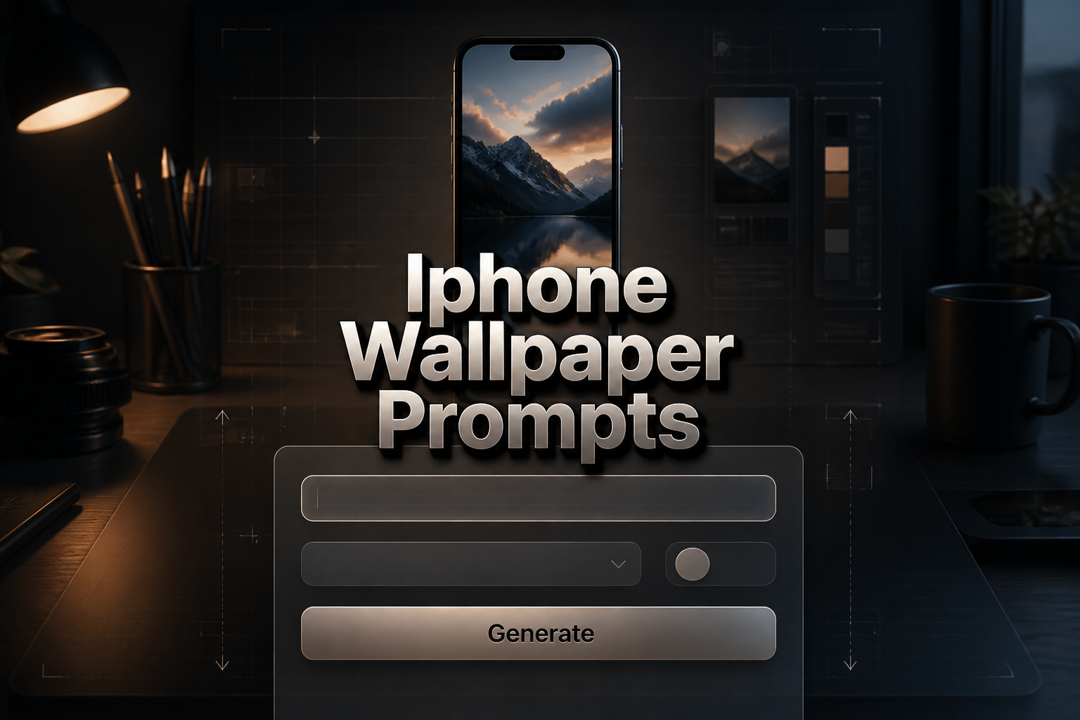 Centered hero graphic for Iphone Wallpaper Prompts showing a polished prompt-tool panel with a wallpaper style input, dropdown, toggle, and Generate button over a high-contrast phone wallpaper creation workspace, ideal for iPhone wallpaper prompt ideas and prompt generator UI.