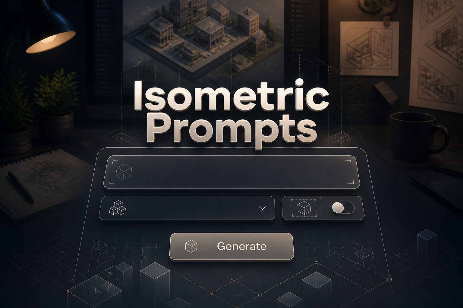 Centered hero graphic for Isometric Prompts showing a refined UI panel with a prompt input, isometric style dropdown, perspective toggle, and Generate button, set over a designer workspace with subtle grid lines and premium geometric details.
