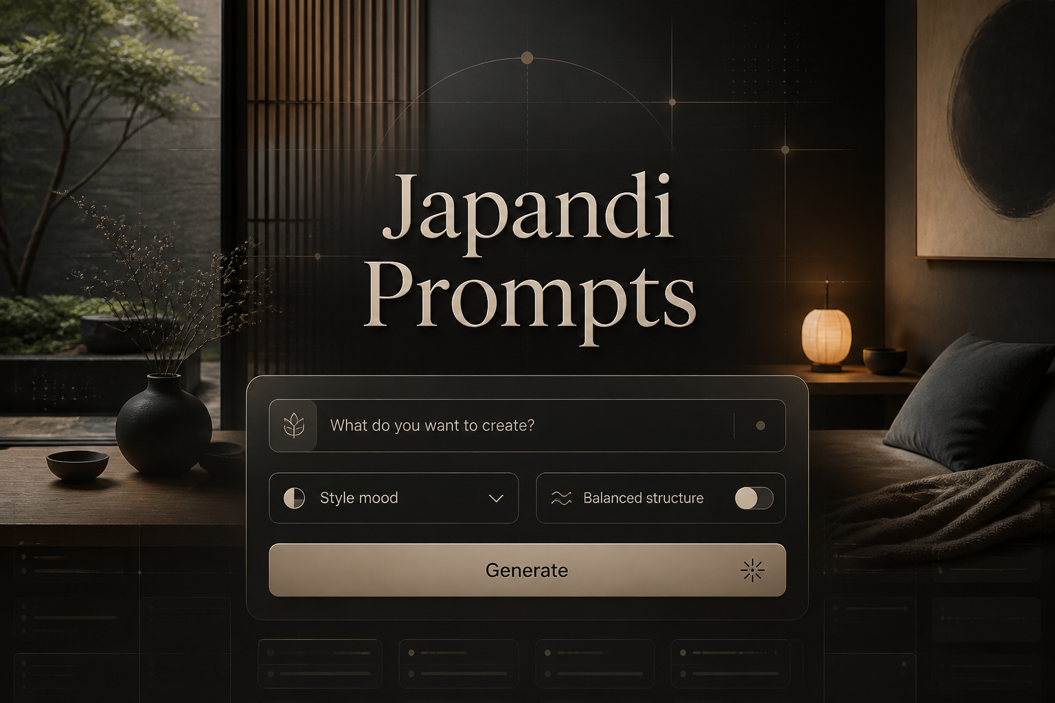 Centered Japandi Prompts hero graphic with a refined prompt builder UI, showing a topic input, style mood dropdown, structure toggle, and Generate button over a premium light-dark background with subtle grid lines for japandi prompt design and Japandi AI prompt tool use.