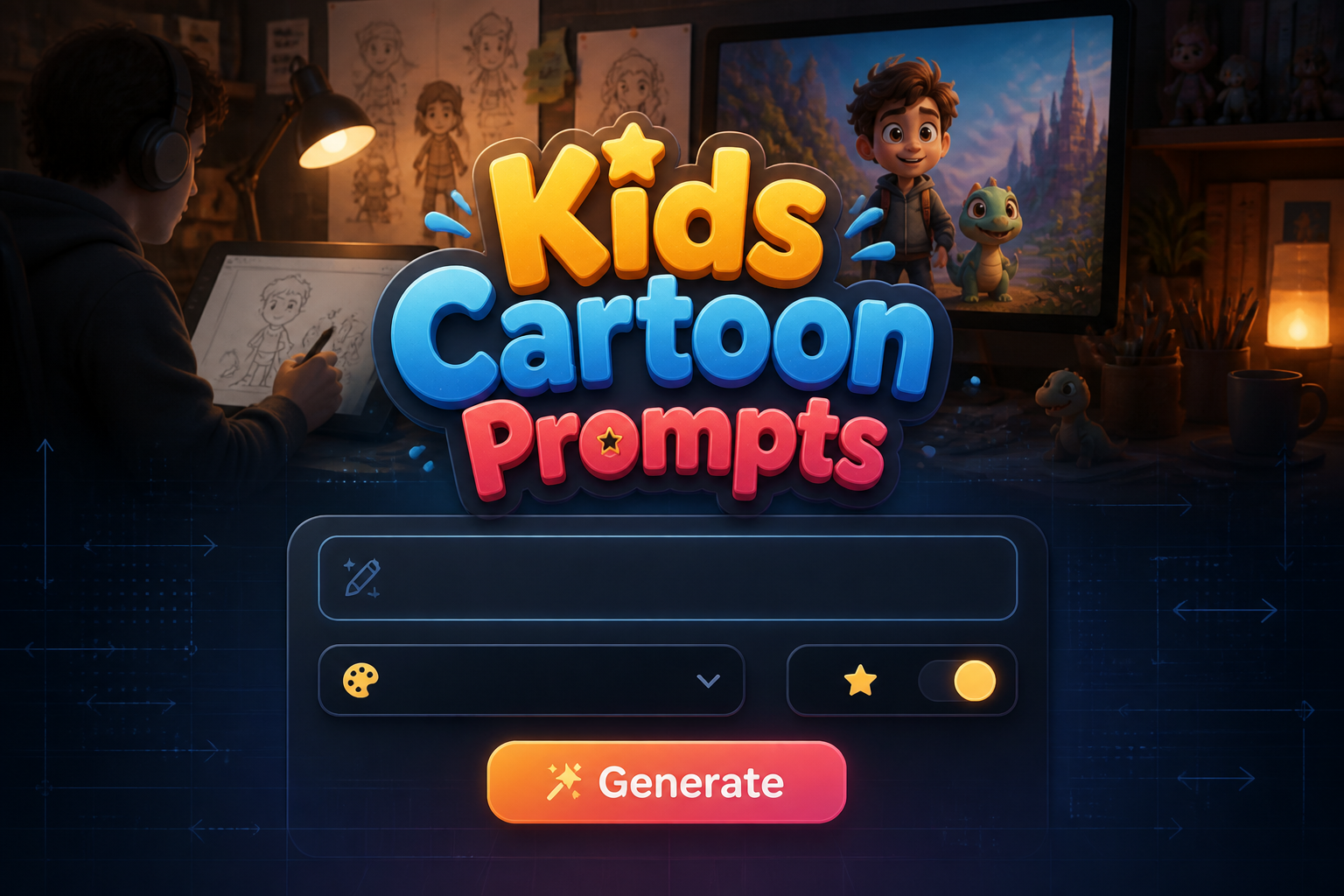 Centered hero image for a kids cartoon prompts tool with the title Kids Cartoon Prompts, a prompt input, cartoon style dropdown, playful detail toggle, and Generate button, in a premium kids cartoon prompt generator interface.