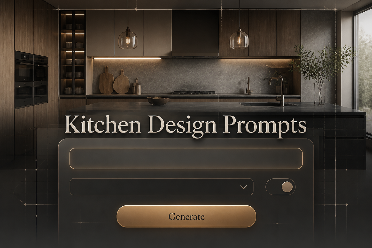 Centered hero graphic for a kitchen design prompts tool showing a sleek UI panel with a kitchen style input, room type dropdown, realism toggle, and Generate button, over a polished kitchen renovation concept background.