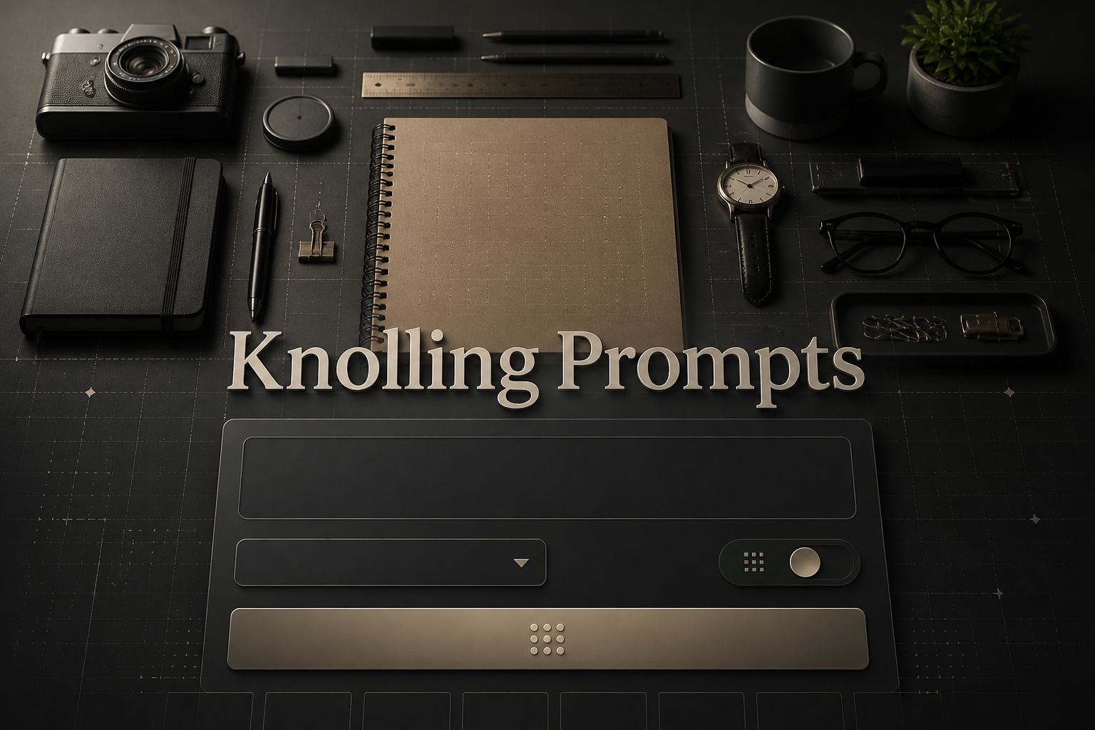 Centered featured hero image for Knolling Prompts with a soft-shadow title, refined input panel, prompt idea field, dropdown, precision toggle, and Generate button over a sleek knolling prompt generator interface with neatly arranged desk objects and subtle grid lines.