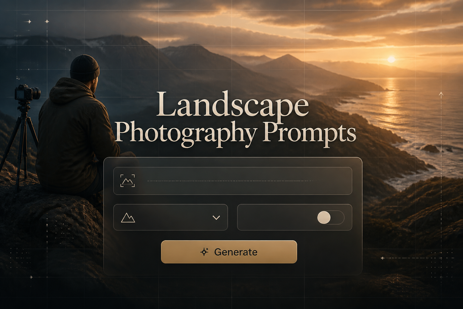 Centered hero image with the title Landscape Photography Prompts over a polished landscape photography prompts tool panel, showing a scene description field, location type dropdown, mood toggle, and Generate button above a cinematic photographer overlooking mountains.