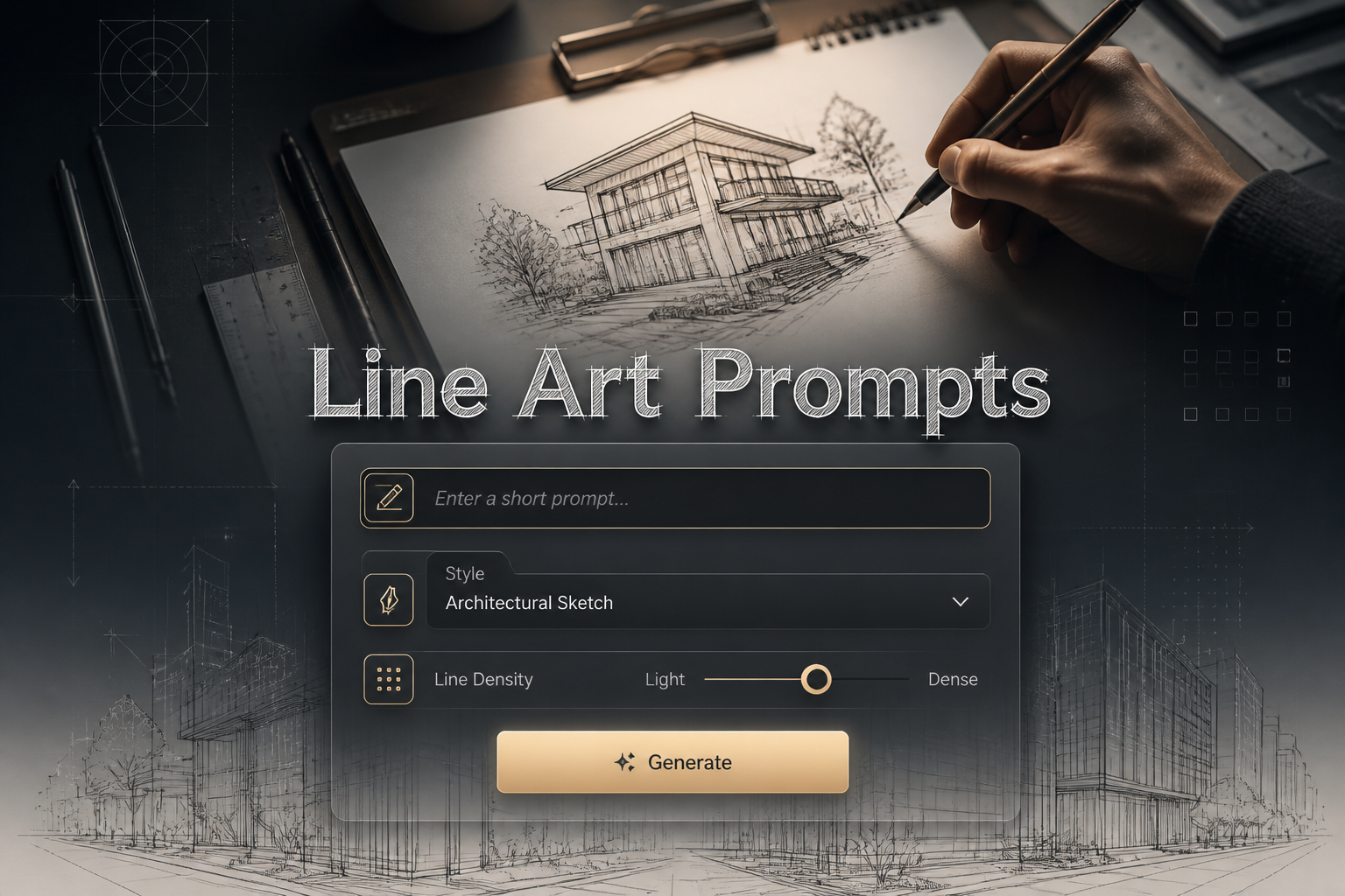 Centered premium UI hero for a line art prompts tool with the title Line Art Prompts, a prompt field, style dropdown, line density toggle, and Generate button, fading into sketching grids and drafting details for AI line art prompt generator use.