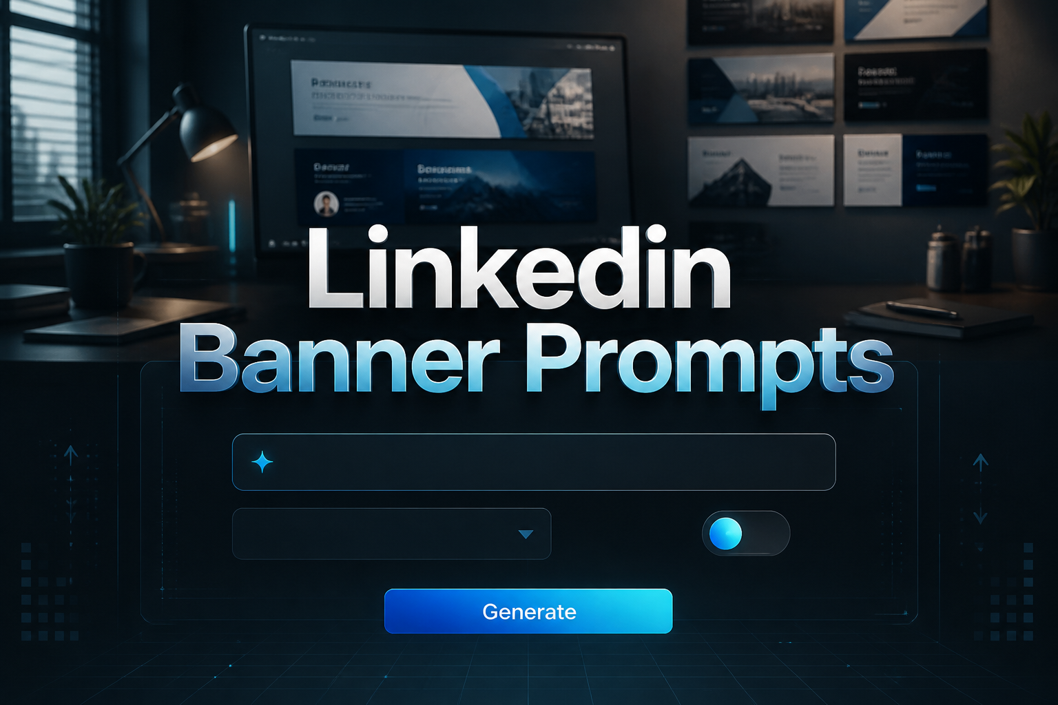 Linkedin Banner Prompts hero banner with centered polished UI panel, a prompt keyword field, style dropdown, tone toggle, and Generate button, set over a sleek creative workspace with muted blues, graphite, silver, and subtle cyan accents.