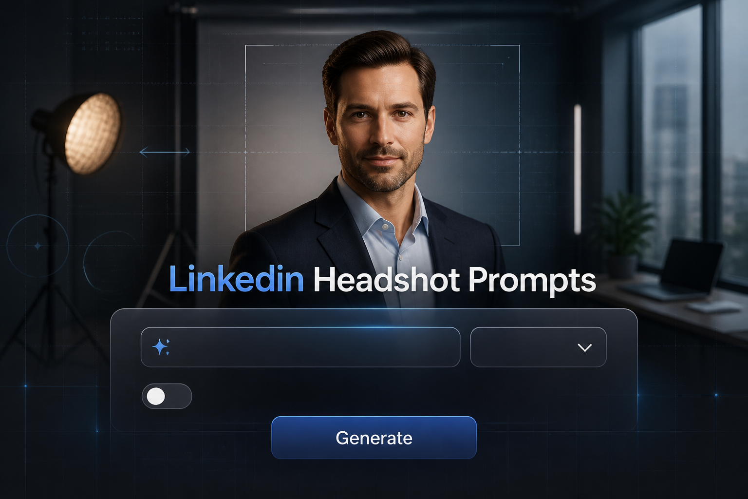 Centered LinkedIn-style hero UI with "Linkedin Headshot Prompts," a prompt style input, dropdown, toggle, and Generate button, set over a sleek professional headshot studio scene for linkedin headshot prompt generator inspiration.