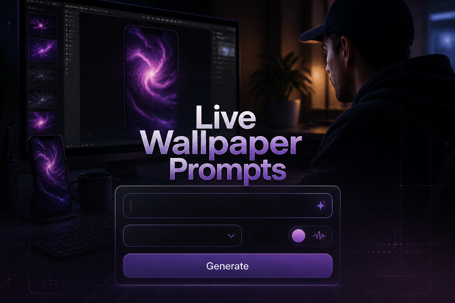 Featured hero image for Live Wallpaper Prompts showing a polished prompt tool UI with a prompt field, dropdown selector, motion toggle, and Generate button over a modern desk scene creating a glowing phone wallpaper, ideal for live wallpaper prompt ideas.