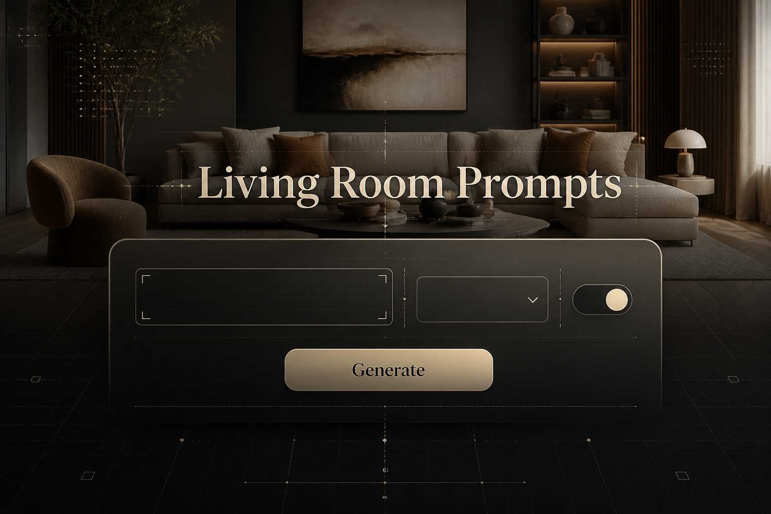 Stylish hero image for Living Room Prompts showing a centered UI panel with room style input, mood dropdown, cozy toggle, and Generate button over a realistic living room background with subtle grid lines and premium design for a living room prompts tool.
