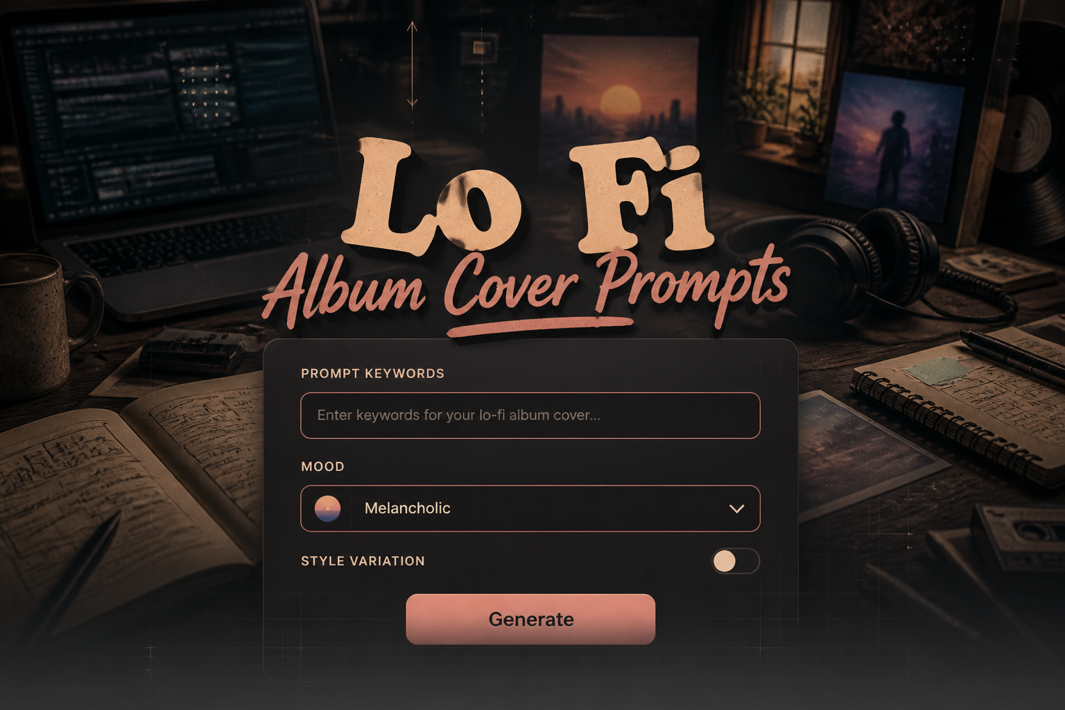 Centered lo fi album cover prompts hero with a sleek UI panel, prompt keyword field, mood dropdown, style toggle, and Generate button over a music creator workspace, ideal for lo fi album cover prompt ideas and lo fi album cover generator workflow.