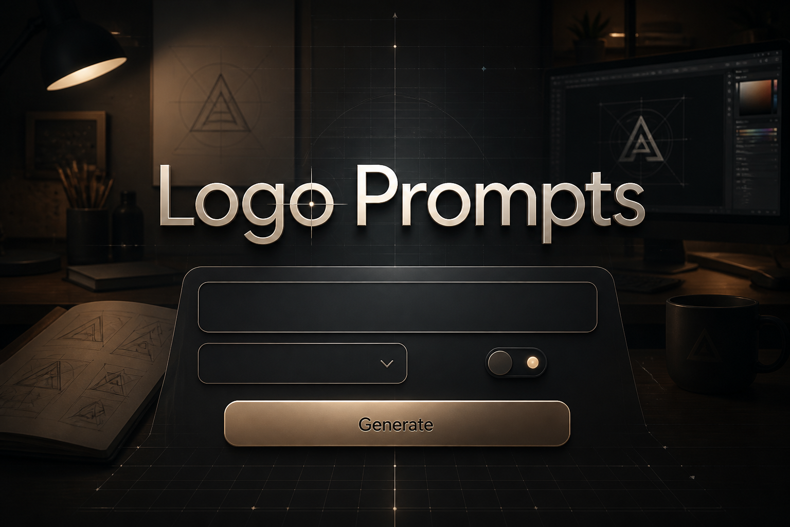 Hero image for a logo prompts tool showing a centered polished UI panel with "Logo Prompts," a logo idea input, blank dropdown and toggle, and a Generate button over a sleek designer workspace with subtle grid lines and premium logo prompt generator aesthetics.