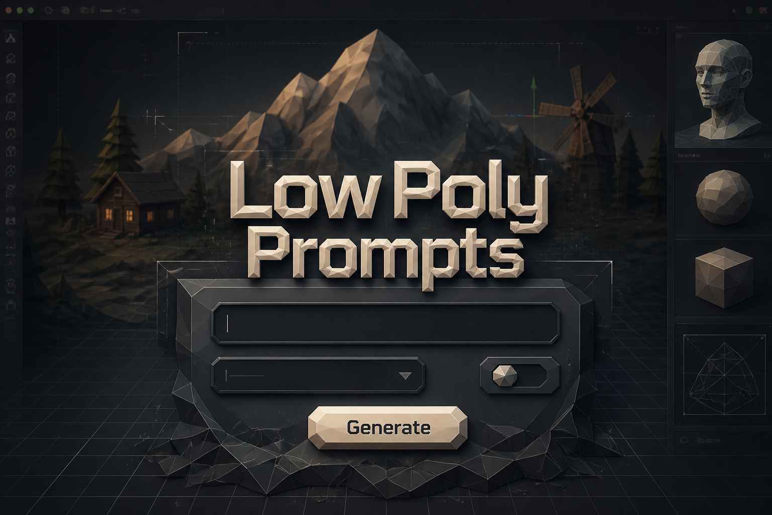 Centered hero graphic for Low Poly Prompts with a subtle-shadow title, a refined UI panel with a prompt input, blank dropdown, small toggle, and Generate button, over a sleek low-poly 3D design workspace with angular facets.