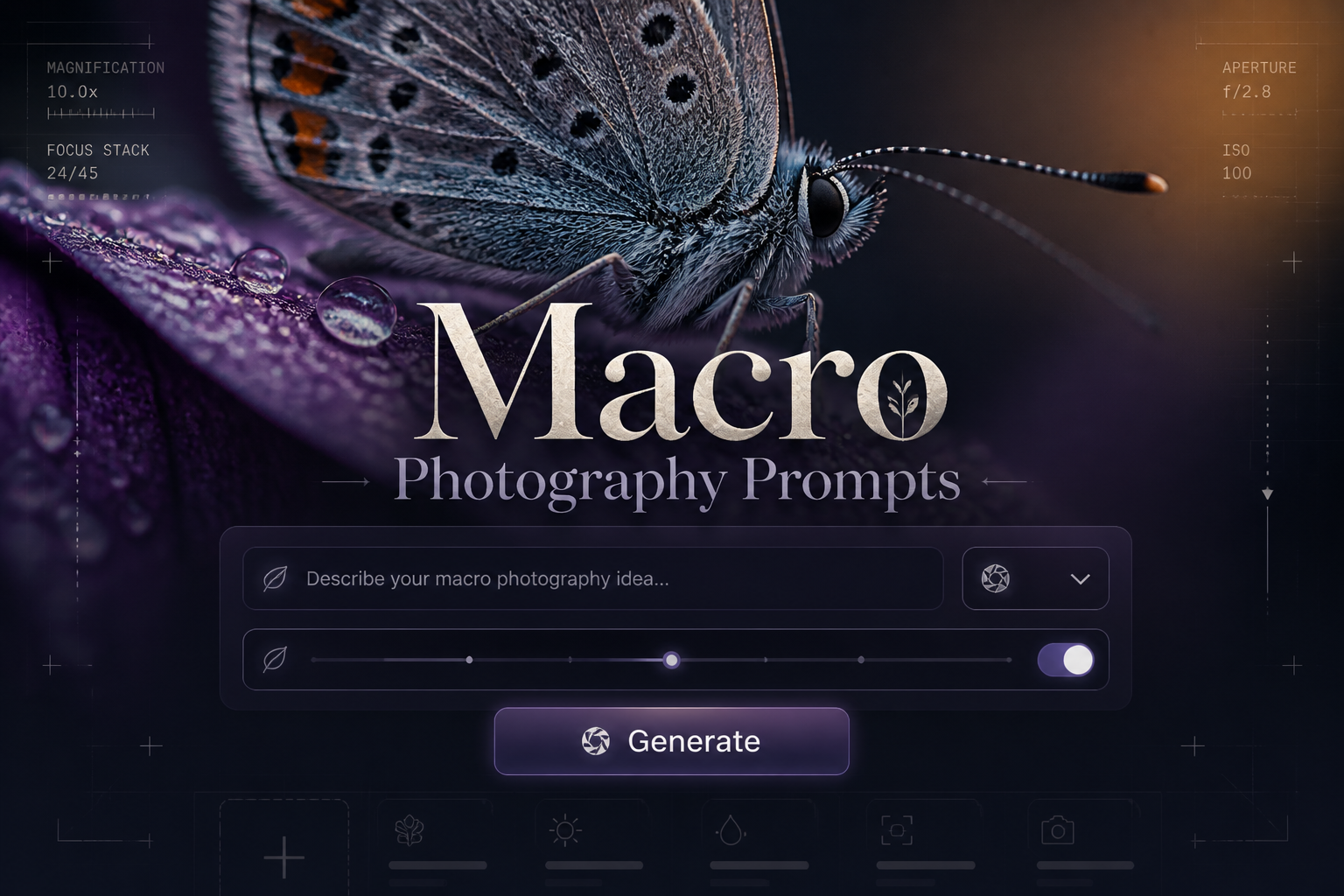 Centered hero graphic for a macro photography prompts tool with the title Macro Photography Prompts, a sleek input panel, dropdown, toggle, and Generate button over a fading flower petal and insect-detail macro background.